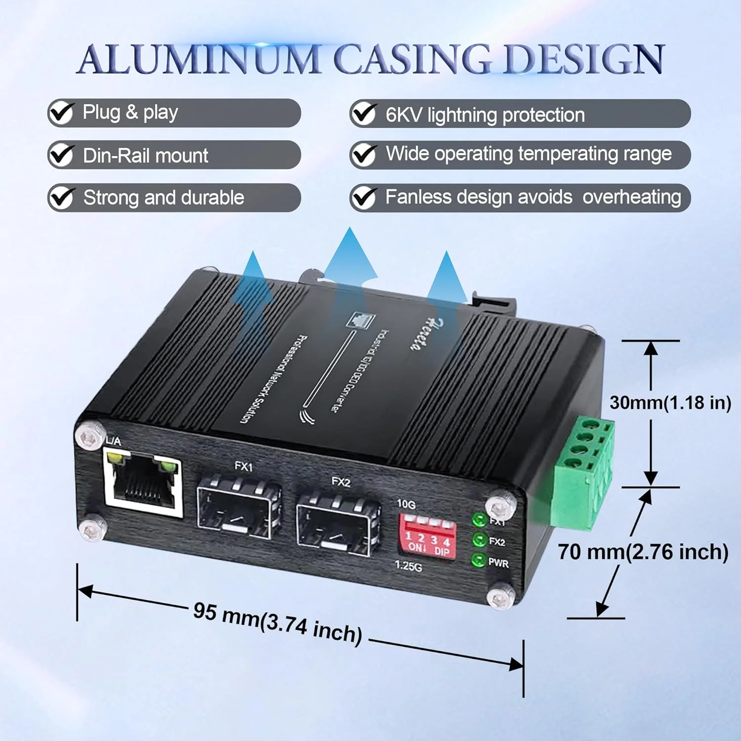 مبدل صنعتی 1G/10G SFP+ به SFP+ OEO تکرار کننده فیبر با عملکرد مبدل رسانه اترنت 1G، 2 پورت باز SFP+ + 1 پورت RJ45، IP40، پشتیبانی از ورودی 12~48V DC، توسعه دهنده فیبر تا 120 کیلومتر