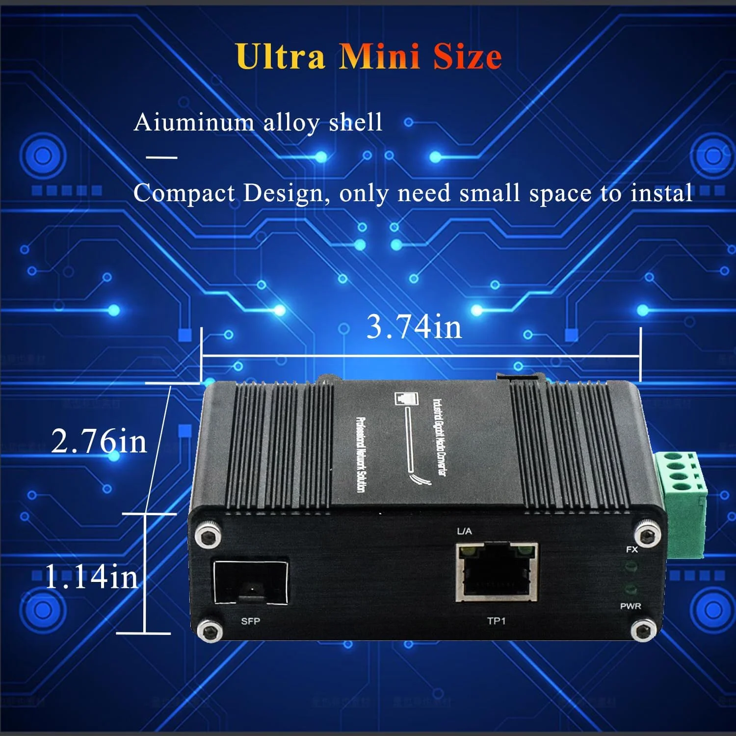 مبدل رسانه اترنت صنعتی کوچک SFP، ورودی 12 تا 48 ولت DC، نصب روی ریل DIN و دیوار، تمام/نیمه دوطرفه، 10/100/1000Base-T به 100/1000Base-X SFP، دمای کارکرد -40°F تا 167°F