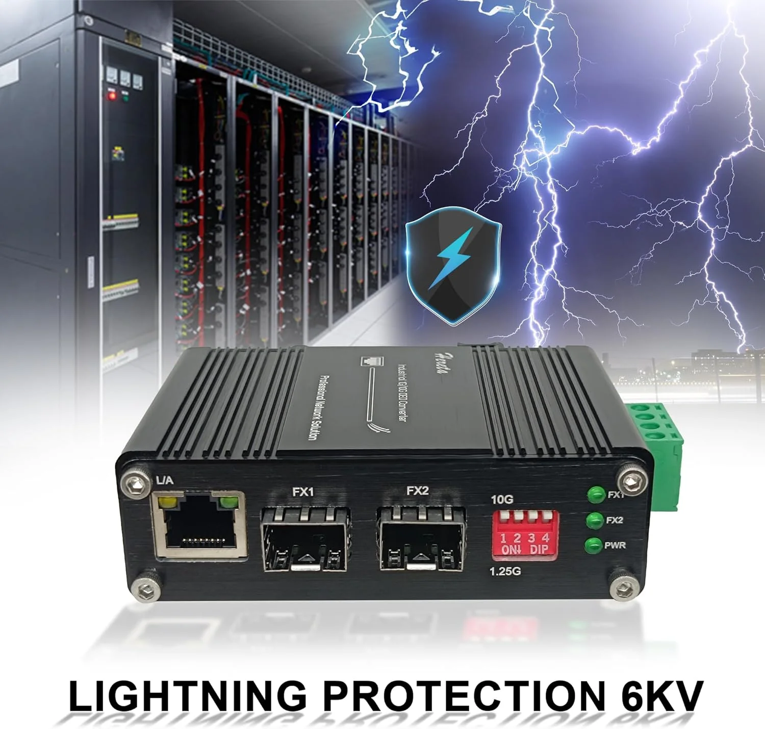 مبدل صنعتی 1G/10G SFP+ به SFP+ OEO تکرار کننده فیبر با عملکرد مبدل رسانه اترنت 1G، 2 پورت باز SFP+ + 1 پورت RJ45، IP40، پشتیبانی از ورودی 12~48V DC، توسعه دهنده فیبر تا 120 کیلومتر