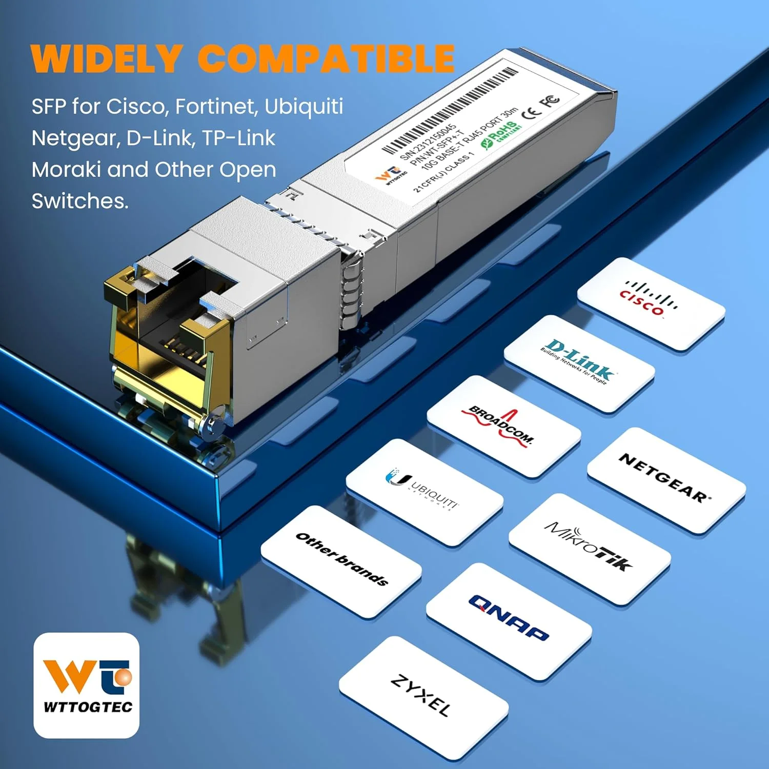 فرستنده و گیرنده 10G SFP+ به RJ-45، ماژول مسی SFP+ CAT6a با سرعت 1.25/2.5/5/10G-T، مذاکره خودکار، تا 30 متر، برای سیسکو، مراکی، تی‌پی‌-لینک، میکروتیک، نت‌گیر و غیره