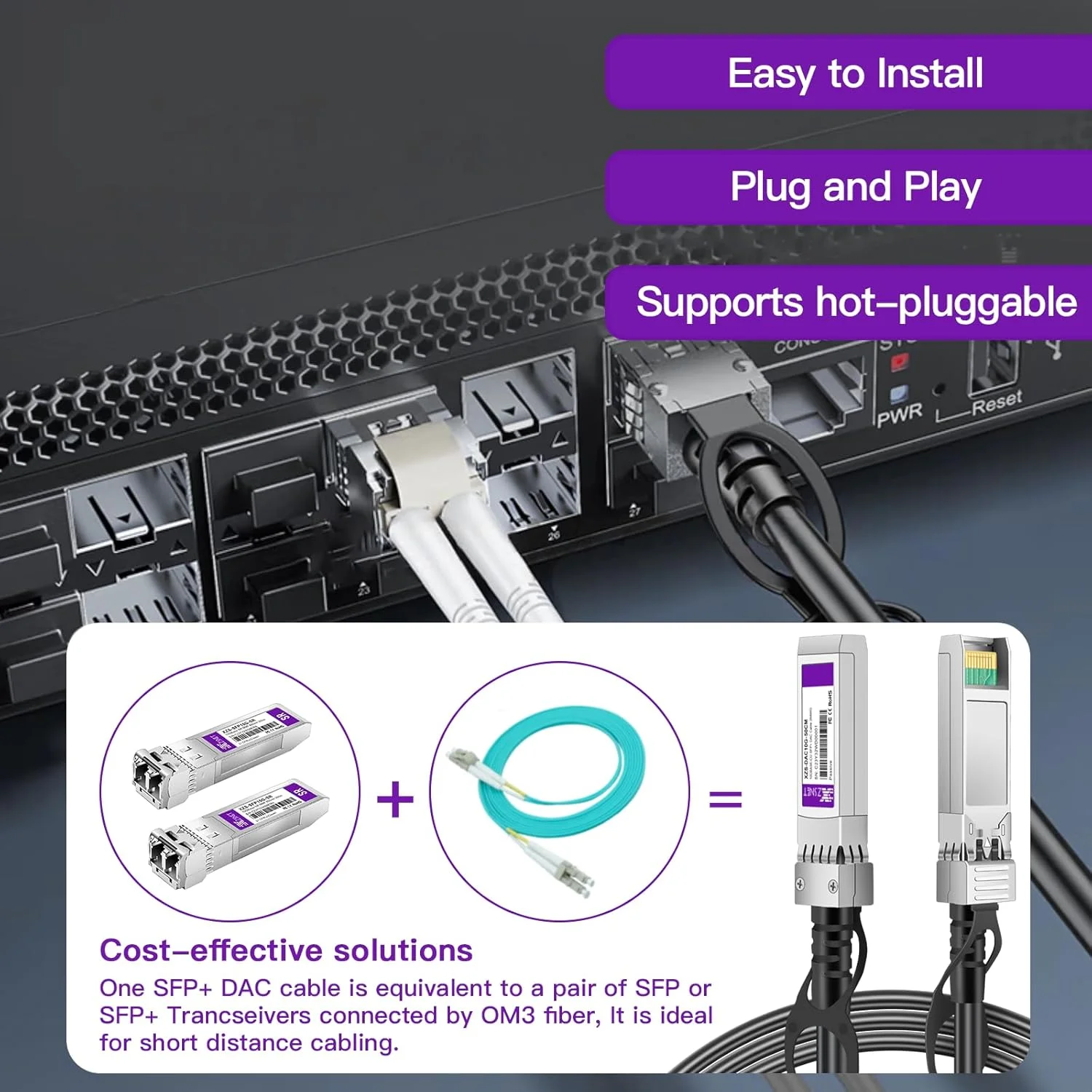 کابل SFP+ به SFP+ 10G، طول 3 متر، 26AWG، کابل مسی Twinax Passive Direct Attach Copper DAC 10GBASE-CU برای سیسکو SFP-H10GB-CU3M، یوبیکیوتی UACC-DAC-SFP10-3M، مراکی، نت گیر و غیره | موجود در طول های 0.5 تا 7 متر