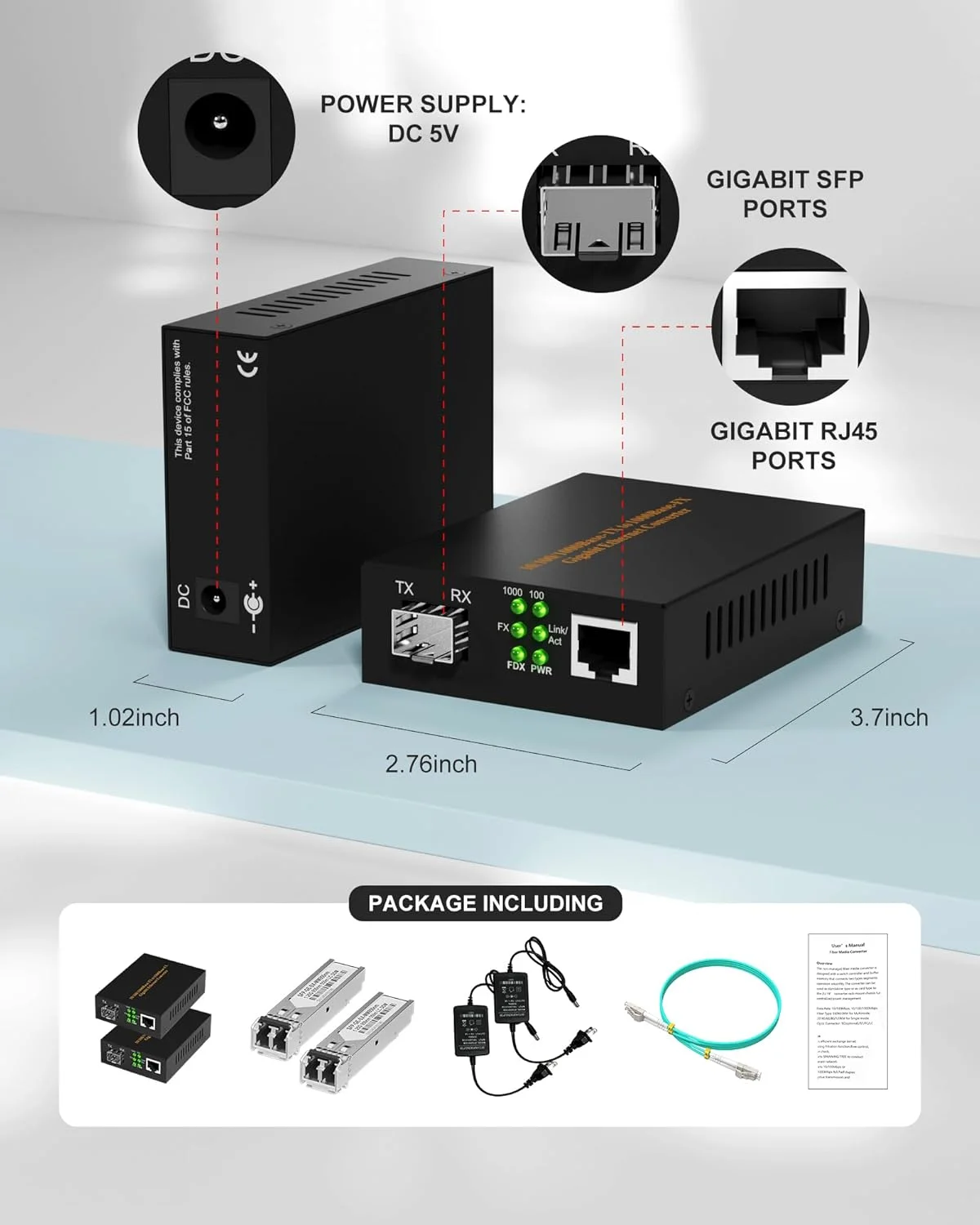 یک جفت مبدل فیبر به اترنت 1.25 گیگابیت بر ثانیه، مبدل رسانه ای گیگابیتی چند حالته با 2 ماژول Bidi SFP LC، درگاه 10/100/1000Base-Tx به 1000Base-SX RJ45 به اسلات SFP، تا 550 متر