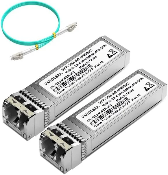 بسته 2 عددی فرستنده و گیرنده 10GBase-SR SFP+ LC، ماژول SFP چند حالته 850 نانومتری SFP 10G، تا 300 متر سازگار با Ubiquiti UniFi UF-MM-10G و غیره (همراه با یک کابل فیبر نوری lc به lc)
