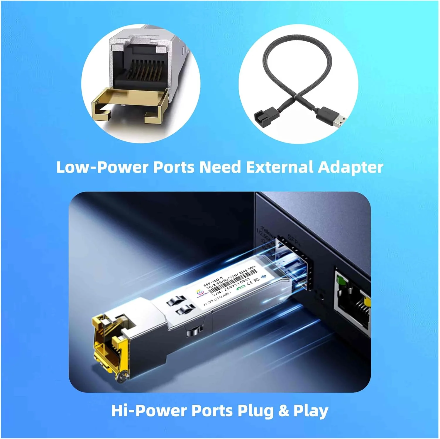 مبدل 1G/2.5G/5G/10G SFP+ به RJ45 تا 30 متر، ماژول اترنت مسی 10 گیگابیتی SFP+ CAT.6a/7 برای سیسکو SFP-10G-T-S، یوبیکیوتی UF-RJ45-10G، مراکی، تی پی-لینک، نت گیر و غیره