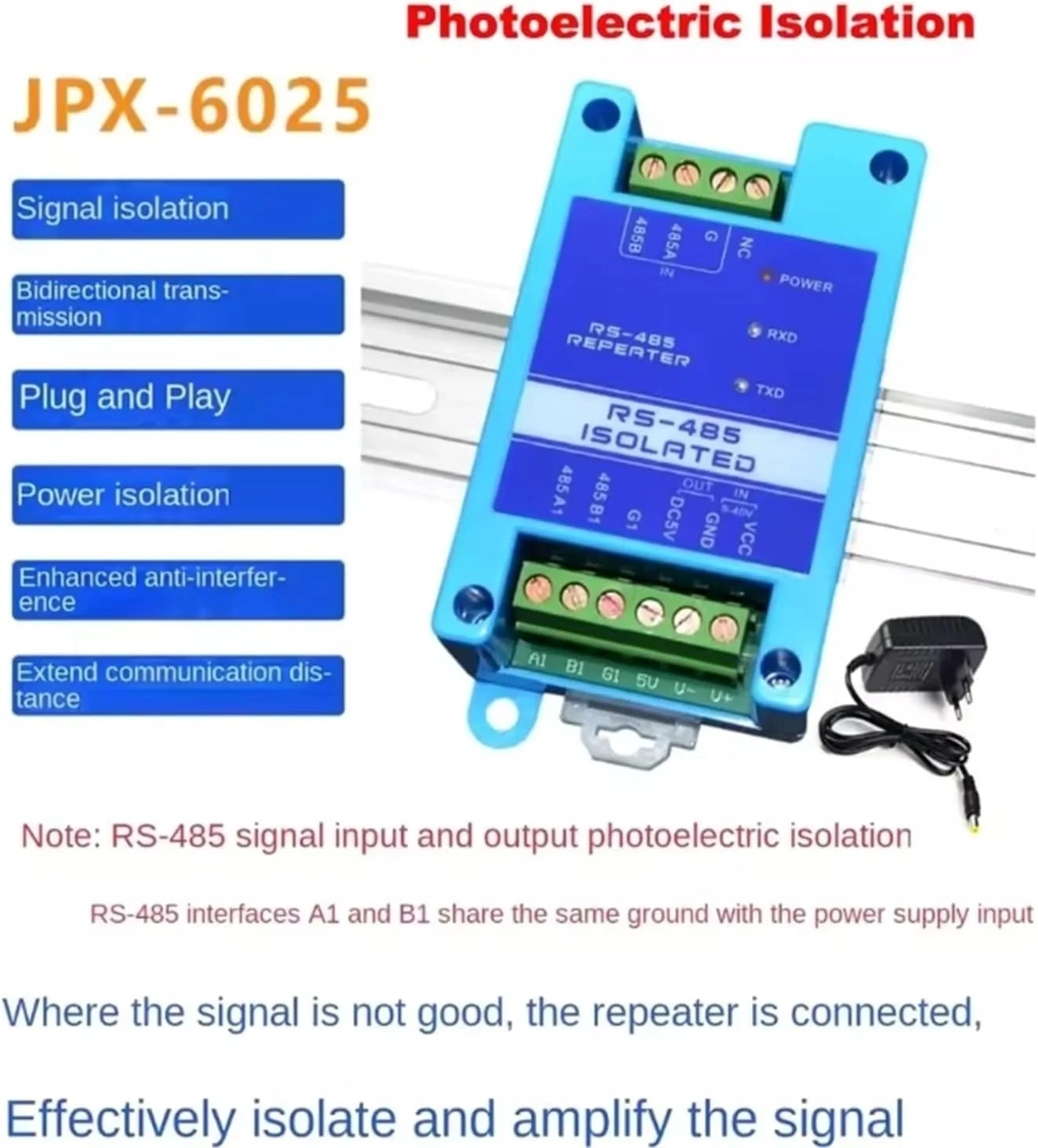 تکرار کننده RS485 ایزوله شده صنعتی سه ترمیناله، تقویت کننده سیگنال و محافظت در برابر تداخل (آداپتور JPX6025 y)