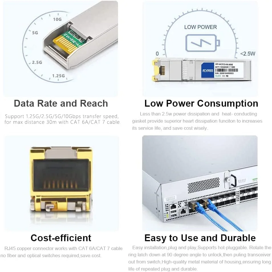 فرستنده و گیرنده FLYPROFiber- SFP+ به RJ45، ماژول SFP+ 1.25G/2.5G/5G/10GBase-T، ماژول مسی 10G RJ45 سازگار با Cisco SFP-10G-T-S، Ubiquiti UniFi UF-RJ45-10G، Mikrotik، Netgear 30M، تک بسته