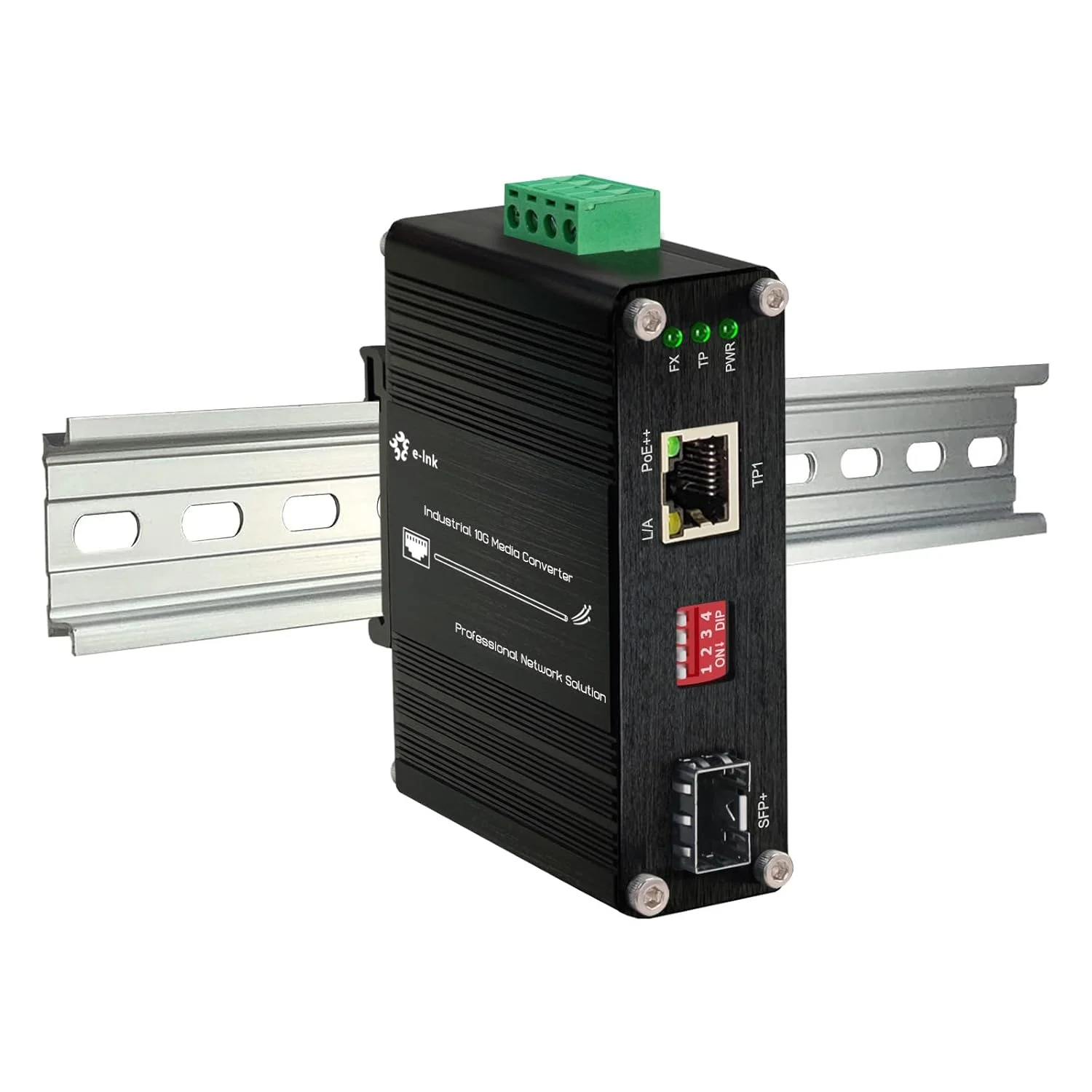 مبدل رسانه فیبر صنعتی 10G 90W PoE مینی 10GBase-X SFP+ فرستنده و گیرنده فیبر نوری IEEE802.3bt PoE++ مس به SFP+ مبدل اترنت 10 گیگابیتی ریل DIN ورودی 48-57V DC