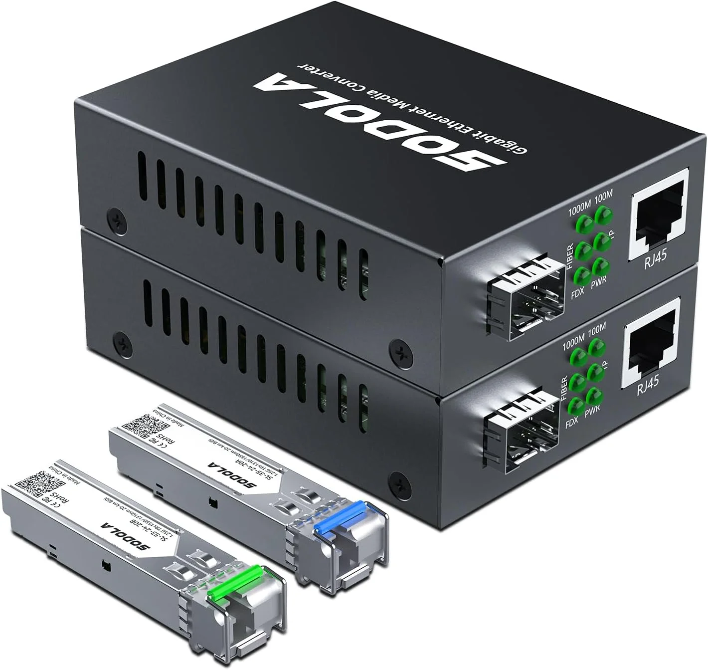 یک جفت مبدل رسانه فیبر نوری تک حالته گیگابیتی SODOLA با ماژول BiDi SFP LX، 1310 نانومتر/1550 نانومتر، SMF، تا 20 کیلومتر، مبدل رسانه فیبر نوری 1.25G، 1000Base-LX به 10/100/1000Base-TX