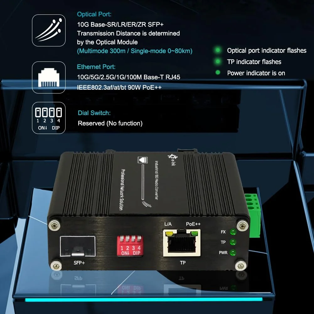 مبدل رسانه فیبر صنعتی 10G 90W PoE مینی 10GBase-X SFP+ فرستنده و گیرنده فیبر نوری IEEE802.3bt PoE++ مس به SFP+ مبدل اترنت 10 گیگابیتی ریل DIN ورودی 48-57V DC