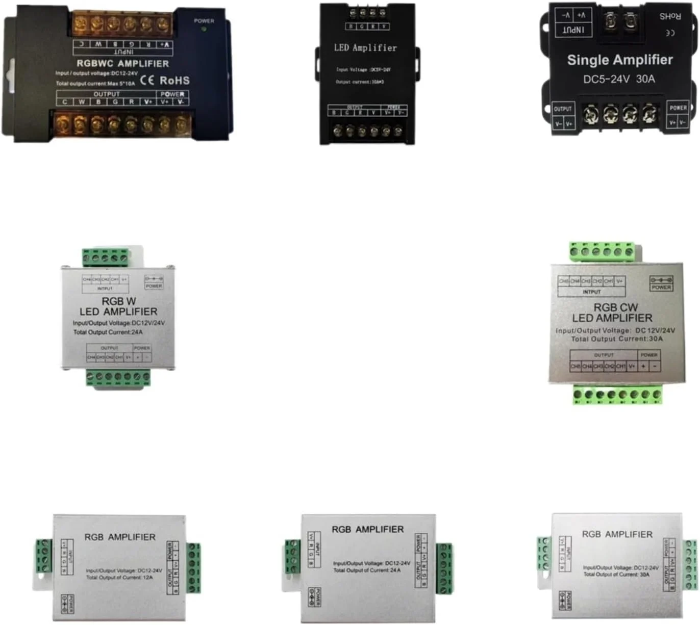 کنترلر تقویت کننده LED تک رنگ/RGB/RGBW/RGBWW RGB+CCT با ولتاژ DC5V12V/24V و جریان 12A/24A/30A/50A، تکرار کننده برق نوار نور 1CH/3CH/4CH/5CH (رنگ: RGBCW 50A)