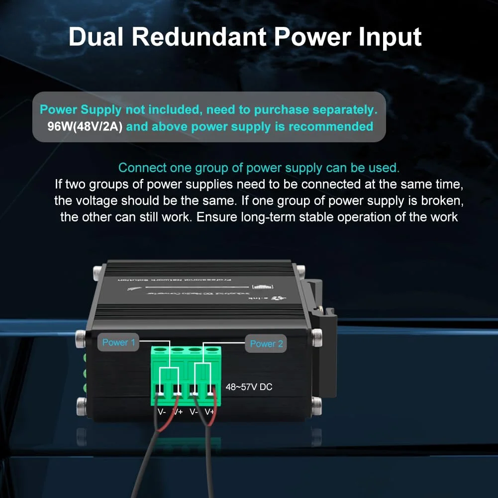مبدل رسانه فیبر صنعتی 10G 90W PoE مینی 10GBase-X SFP+ فرستنده و گیرنده فیبر نوری IEEE802.3bt PoE++ مس به SFP+ مبدل اترنت 10 گیگابیتی ریل DIN ورودی 48-57V DC