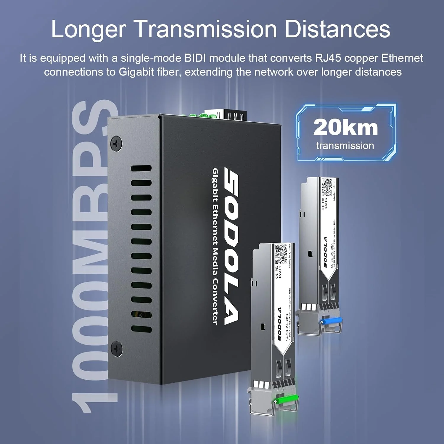 یک جفت مبدل رسانه فیبر نوری تک حالته گیگابیتی SODOLA با ماژول BiDi SFP LX، 1310 نانومتر/1550 نانومتر، SMF، تا 20 کیلومتر، مبدل رسانه فیبر نوری 1.25G، 1000Base-LX به 10/100/1000Base-TX