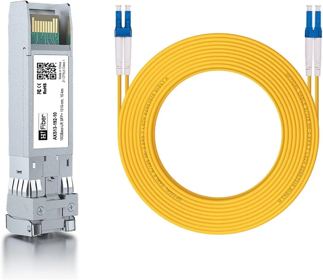 ماژول سینگل مود 10 گیگابیت به همراه کابل فیبر نوری OS2 LC به LC به طول 10 متر، سازگار با 10GBASE-LR برای سیسکو SFP-10G-LR، مراکی، یوبیکیوتی، میکروتیک، نت گیر، دی-لینک و غیره