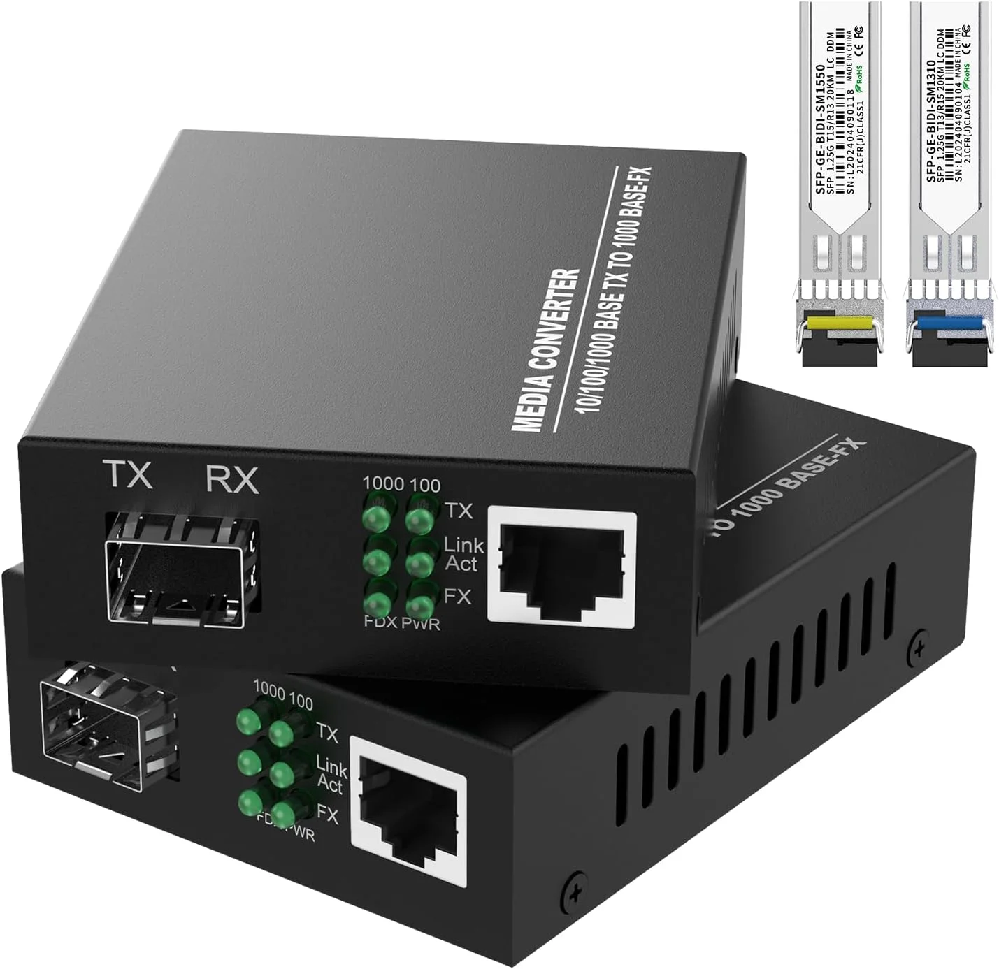 یک جفت مبدل رسانه اترنت فیبر تک حالته گیگابیتی Bidi با سرعت 1.25 گیگابیت بر ثانیه به همراه 2 عدد ماژول فرستنده و گیرنده Bidi SFP LC، تبدیل 10/100/1000Base-Tx به 1000Base-SX SMF RJ45 به اسلات SFP تا 30 کیلومتر