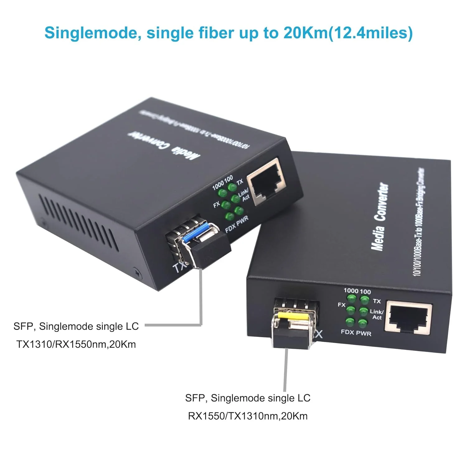 مبدل فیبر نوری گیگابیتی تک حالته LC - 2 فرستنده و گیرنده SFP LC SM تا 20 کیلومتر (12.4 مایل) طول موج 1310 نانومتر/1550 نانومتر، LC به UTP Cat5e 10/100/1000 RJ-45 – سرعت اترنت گیگابیتی، یک جفت
