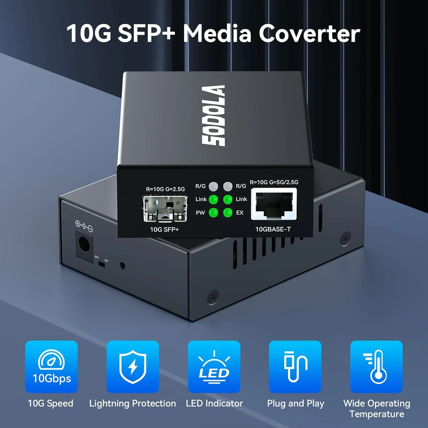 مبدل رسانه SODOLA 10GbE SFP+ | فرستنده و گیرنده RJ45 به SFP+ | پشتیبانی از فیبر 100KM | اتصال و پخش | محافظت از پورت در برابر صاعقه فرستنده و گیرنده اترنت 10 گیگابایتی (ماژول های SFP شامل نمی شوند)