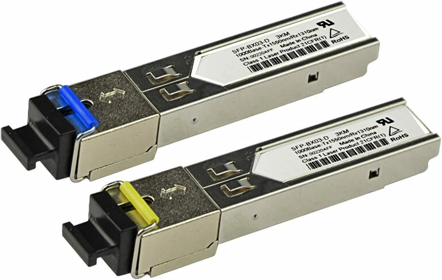 ماژول فرستنده و گیرنده فیبر نوری سینگل مود 1.25G با کانکتور SC Simplex، دو طرفه 1310nm/1550nm، برد 3 کیلومتر مدل SFP-BX03-D (دو عدد)