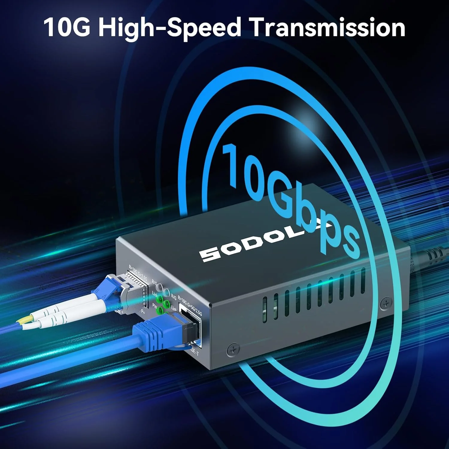 مبدل رسانه SODOLA 10GbE SFP+ | فرستنده و گیرنده RJ45 به SFP+ | پشتیبانی از فیبر 100KM | اتصال و پخش | محافظت از پورت در برابر صاعقه فرستنده و گیرنده اترنت 10 گیگابایتی (ماژول های SFP شامل نمی شوند)
