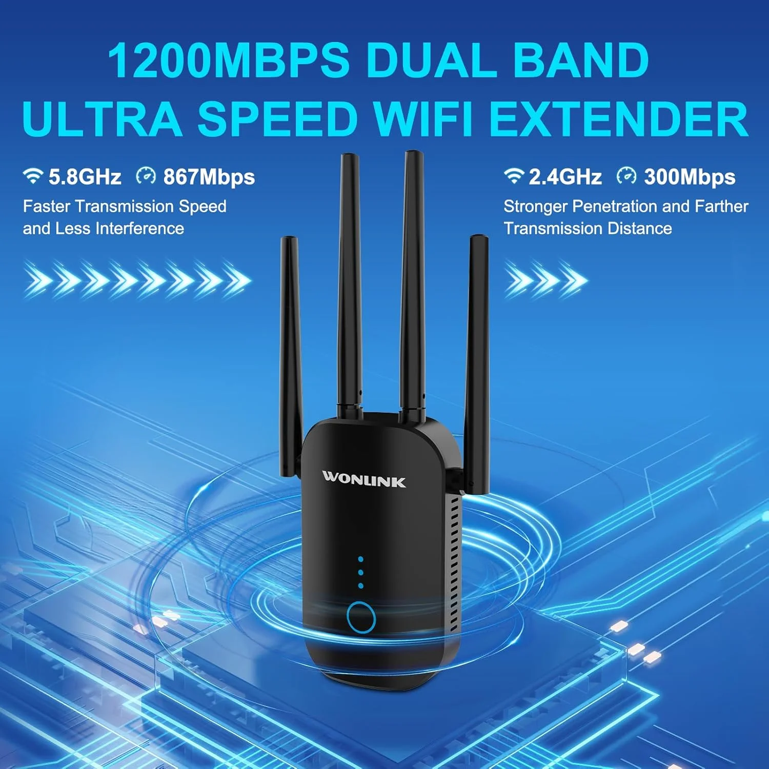 تقویت کننده سیگنال وای فای 1200 مگابیت بر ثانیه، پوشش دهی تا 5000 فوت مربع، تکرار کننده وای فای دو بانده، تقویت کننده های وای فای 4 آنتن، توسعه دهنده محدوده وای فای 2.4 گیگاهرتز و 5.8 گیگاهرتز 802.11ac (مشکی)