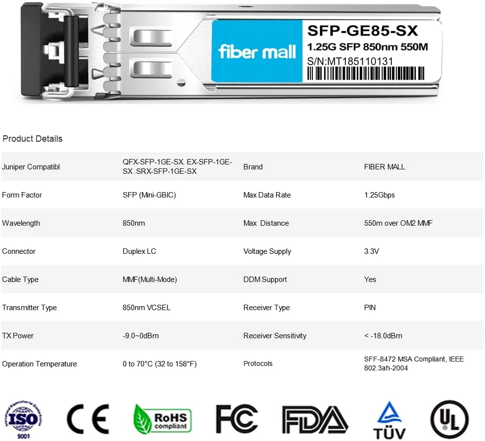 ماژول فرستنده و گیرنده 1G SFP SX برای Juniper QFX-SFP-1GE-SX EX-SFP-1GE-SX SRX-SFP-1GE-SX 1000BASE-SX Multi Mode Mini GBIC SFP 850nm 550m DOM ماژول فرستنده و گیرنده 1G SFP SX برای Juniper QFX-SFP-1GE-SX EX-SFP-1GE-SX SRX-SFP-1GE-SX 1000BASE-SX Multi Mode Mini GBIC SFP 850nm 550m DOM