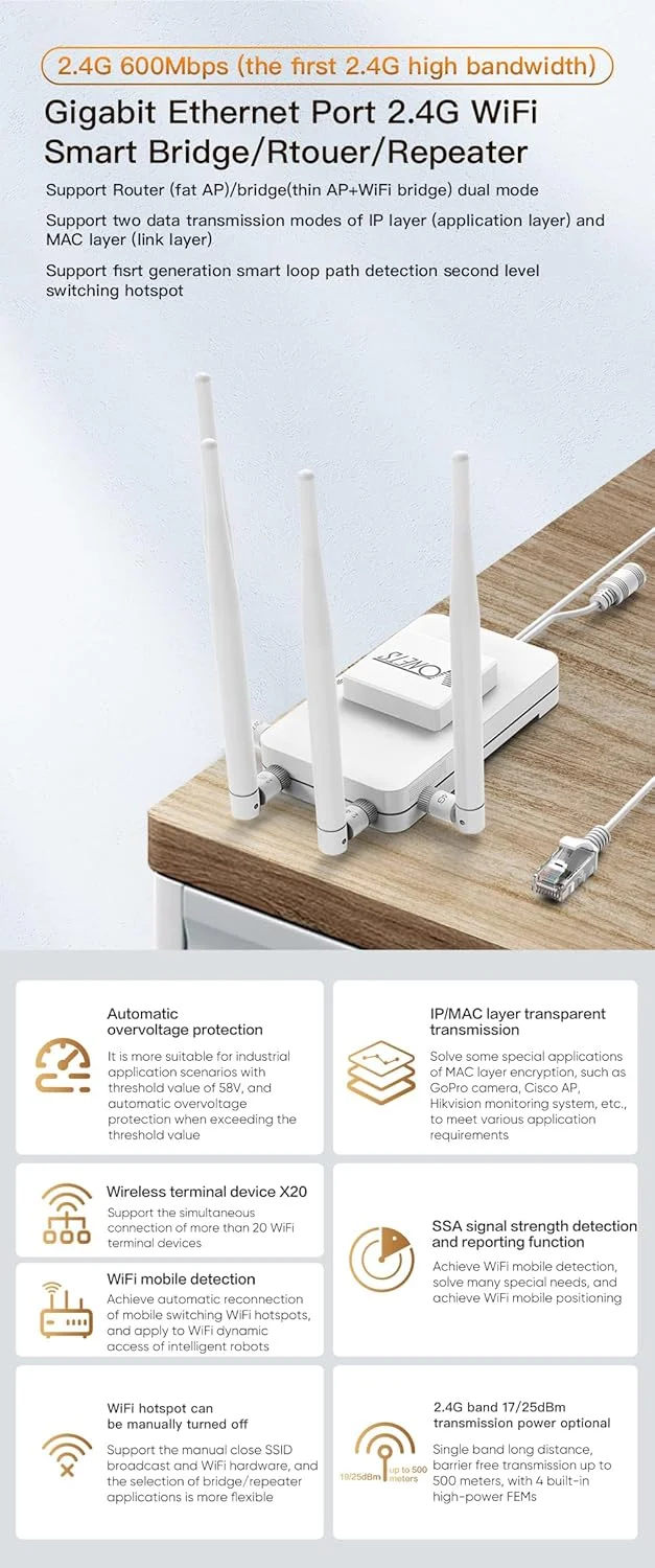 پل ارتباطی گیگابیتی وای فای 2.4 گیگاهرتز VONETS، روتر بی‌سیم، تکرار کننده اترنت، آداپتور وای فای RJ45، توسعه دهنده برد بلند، 3 گیگابیت POE/DC مناسب برای دستگاه های شبکه IoT صنعتی 600 مگابیت بر ثانیه VAR600-H