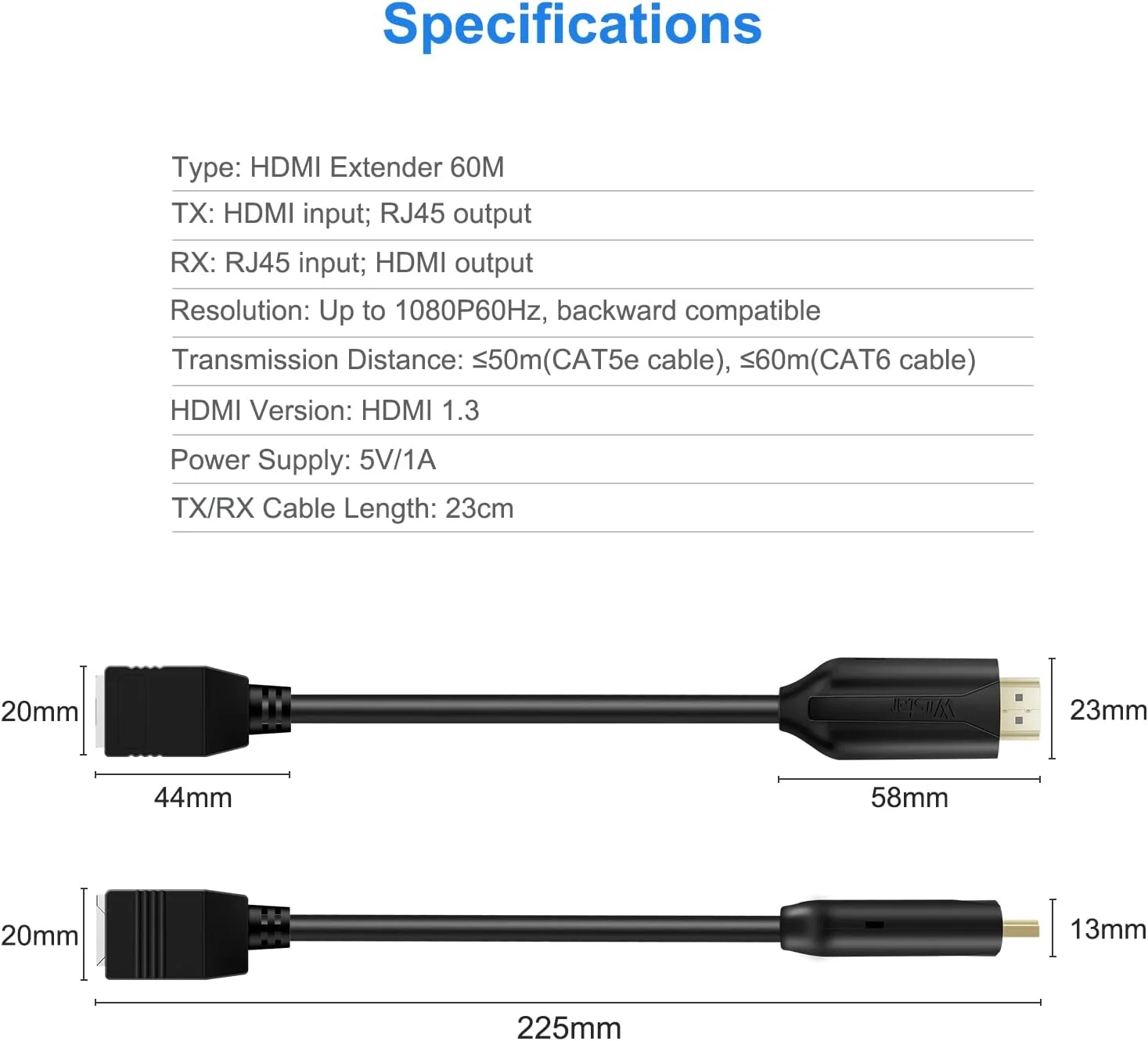 Wiistar توسعه دهنده HDMI از طریق Cat5e/6، تبدیل کننده شبکه اترنت HDMI به RJ45، تکرار کننده کابل 1080P تا 60 متر، فرستنده و گیرنده HD MI برای HDTV STB