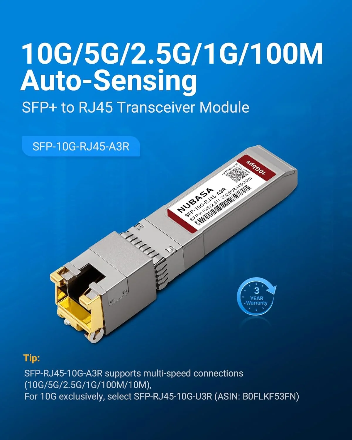 آداپتور SFP+ به RJ45 | حسگر خودکار 10G/5G/2.5G/1G | ماژول مسی کم مصرف SFP+ < 2.5W | مس 10GbE تا 30 متر | اتصال آسان برای سازگاری با Ubiquiti/Cisco/Netgear