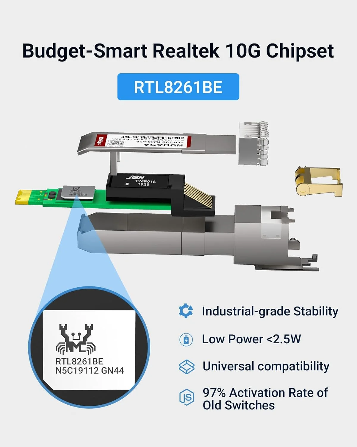 آداپتور SFP+ به RJ45 | حسگر خودکار 10G/5G/2.5G/1G | ماژول مسی کم مصرف SFP+ < 2.5W | مس 10GbE تا 30 متر | اتصال آسان برای سازگاری با Ubiquiti/Cisco/Netgear