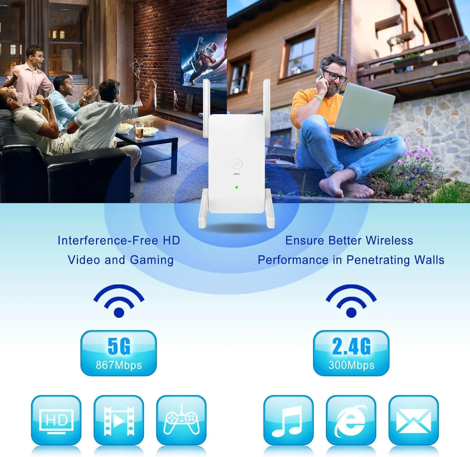 تقویت کننده سیگنال WiFi برای خانه - 1.2 گیگابیت بر ثانیه، تا 84٪ سریعتر | پوشش تا 9860 فوت مربع و 70 دستگاه 5G/2G | پوشش گسترده تر از همیشه، تکرار کننده WiFi تقویت کننده اینترنت