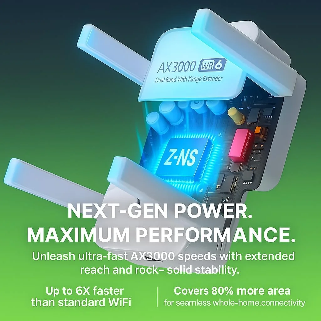 تقویت کننده وای فای 6 AX3000 مدل 2025 – دو بانده (2.4 گیگاهرتز و 5.8 گیگاهرتز)، تقویت کننده وای فای پرسرعت با پورت گیگابیتی اترنت، حالت اکسس پوینت، بدون نیاز به اپلیکیشن، پوشش دهی طولانی، نصب سریع و آسان