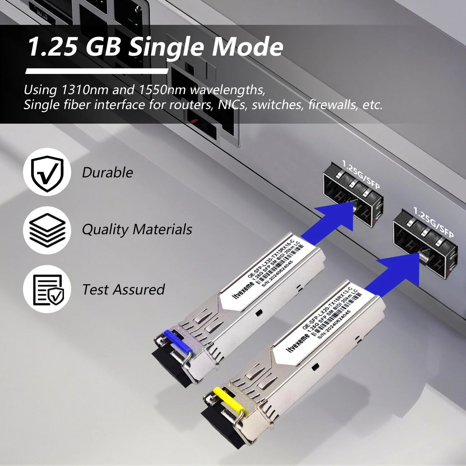 یک جفت ماژول فرستنده و گیرنده شبکه 1.25G BIDI SFP، حالت تک گیگابیتی 1.25، LX SM 1310nm 1550nm 20km، رابط فیبر تکی برای روتر، کارت شبکه، سوئیچ، فایروال و غیره