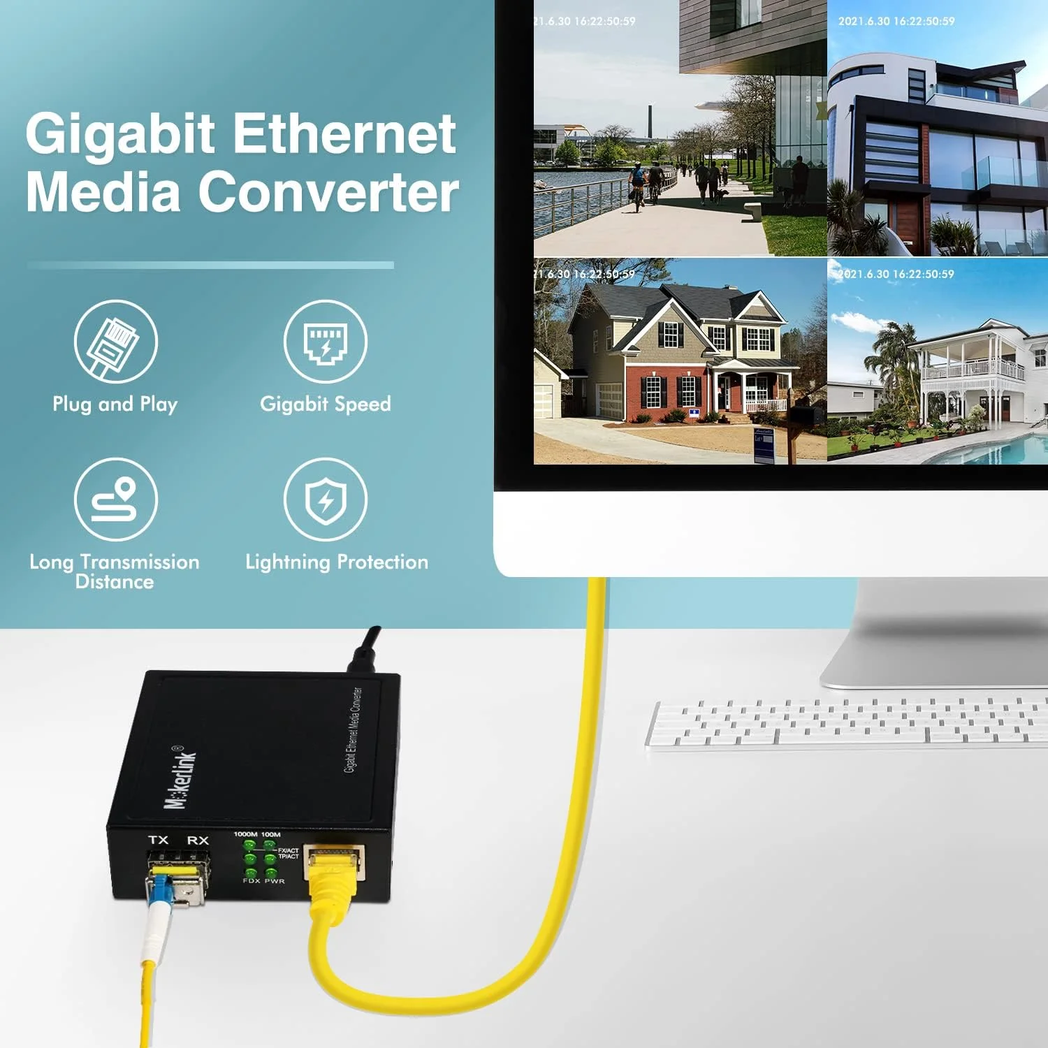 مبدل گیگابیتی SFP به RJ45 موکرلینک، یک جفت 2 عددی مبدل فیبر به اترنت حالت BIDI، پورت RJ45 10/100/1000 مگابیت بر ثانیه، ماژول SFP 1000Base-BIDI 1310TX/1550RX تا 20 کیلومتر