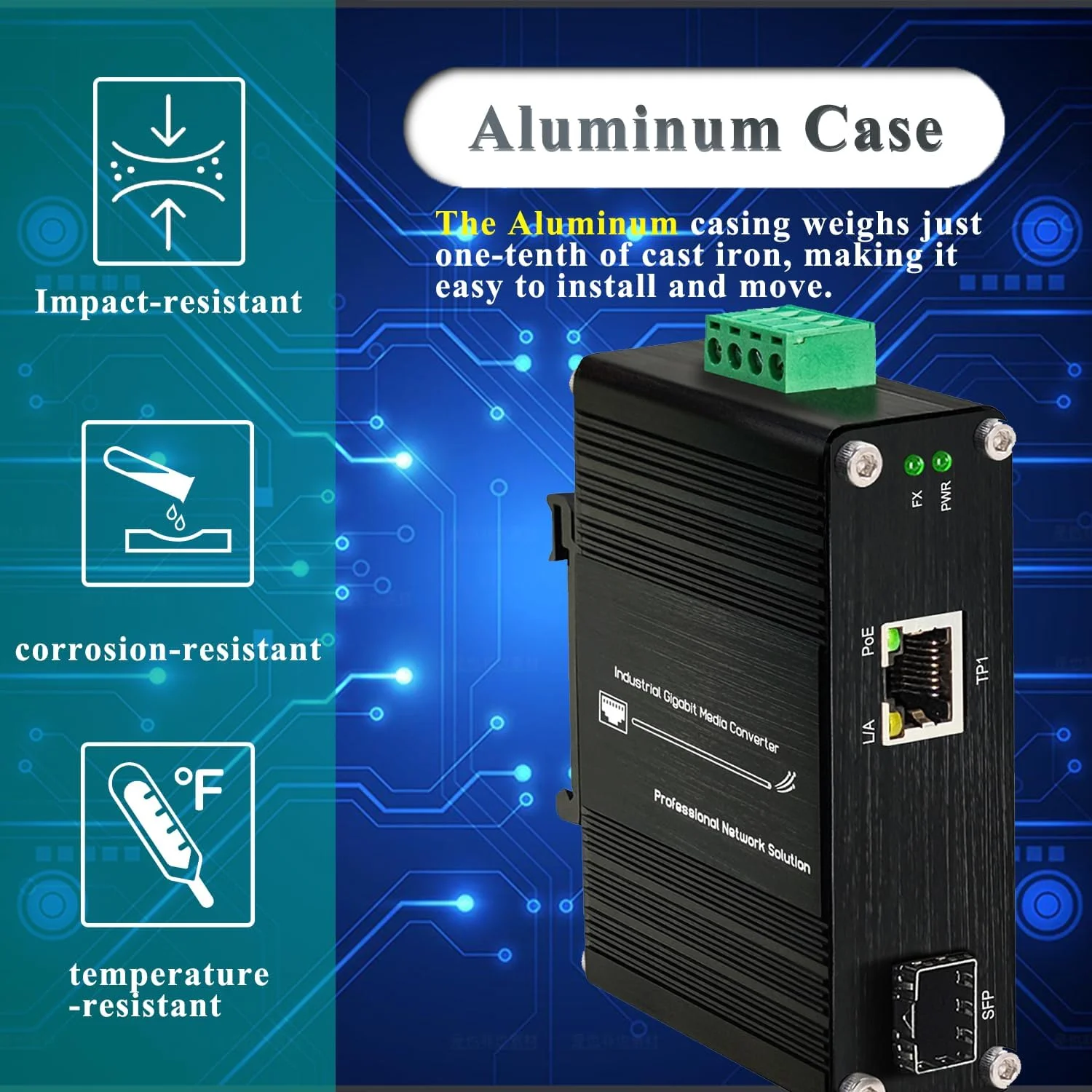 مبدل رسانه ای صنعتی کوچک 30W PoE+ - نصب روی ریل DIN یا دیوار، 100/1000BASE-X SFP به 10/100/1000BASE-T، Full/Half-Duplex، IEEE 802.3af/at، دمای عملیاتی -40°F تا 167°F