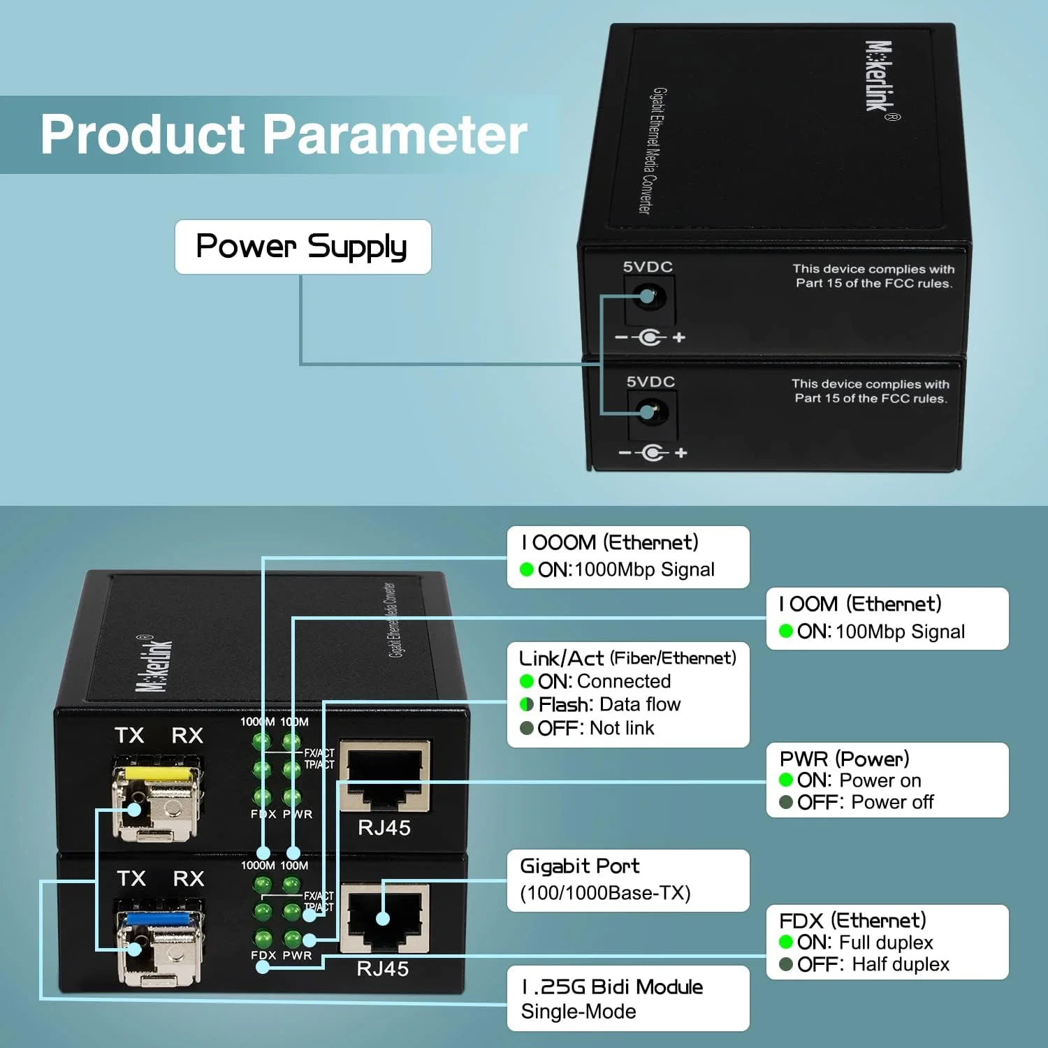 مبدل گیگابیتی SFP به RJ45 موکرلینک، یک جفت 2 عددی مبدل فیبر به اترنت حالت BIDI، پورت RJ45 10/100/1000 مگابیت بر ثانیه، ماژول SFP 1000Base-BIDI 1310TX/1550RX تا 20 کیلومتر