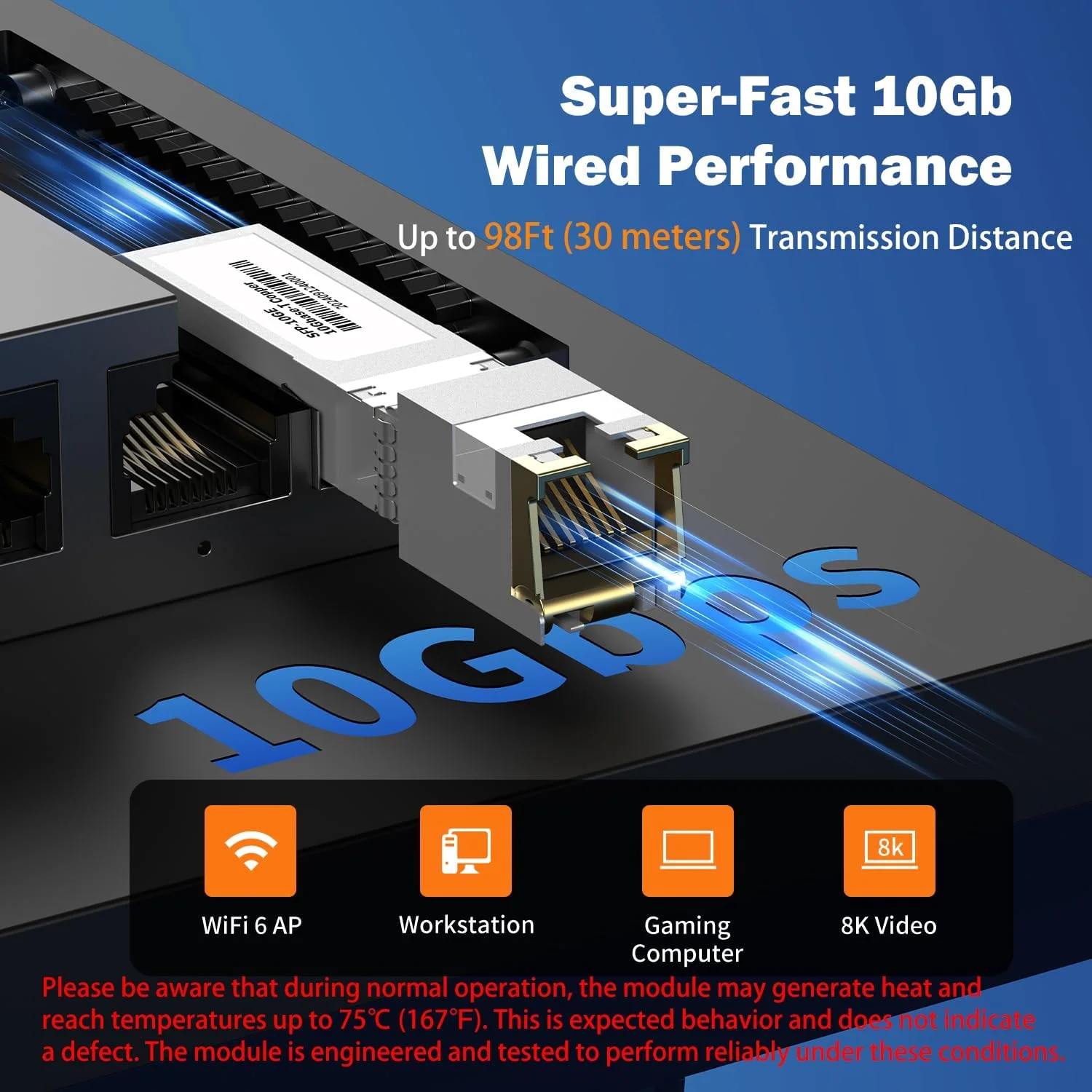 ماژول فرستنده و گیرنده 10Gb SFP+ به RJ-45 تا 30 متر، فرستنده و گیرنده اترنت مسی 10 گیگابیتی SFP+ CAT6a سازگار با 5Gb/ 2.5Gb/ 1Gb، [تک بسته]