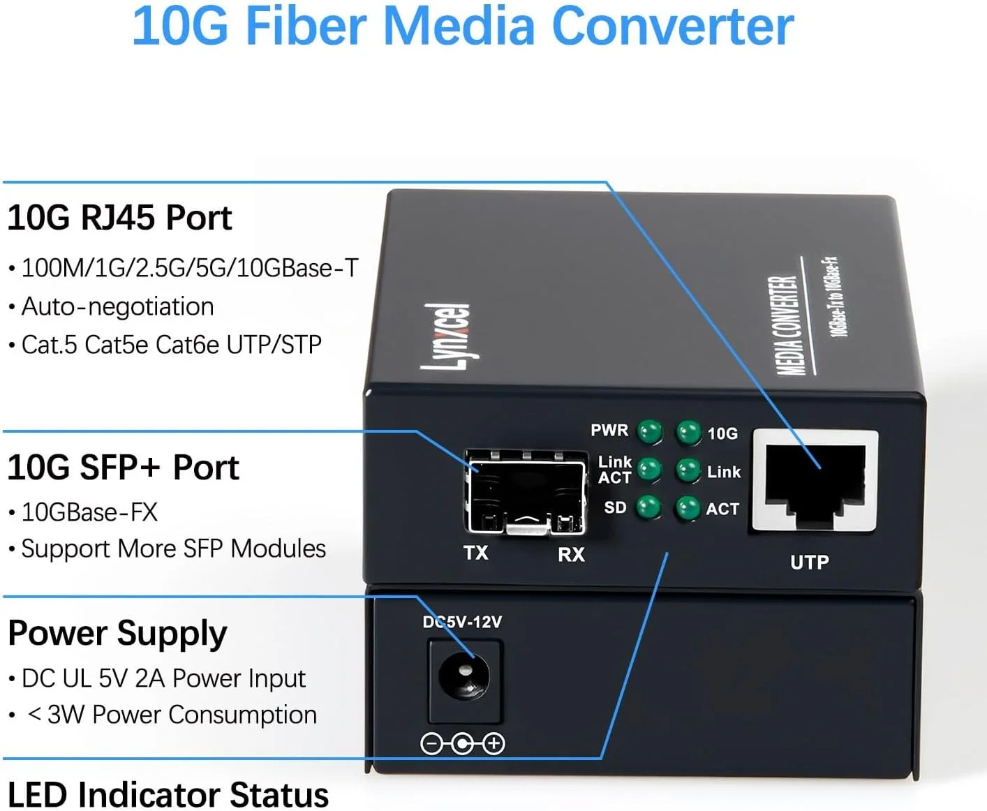 مبدل رسانه فیبر نوری 10G، مبدل رسانه 10 گیگابیتی SFP به 10G اترنت مسی UTP، غیر مدیریتی 1x 10G/5G/2.5G/1G/100M RJ45 به اسلات 10GBase-X SFP+، پشتیبانی از ماژول 10G SR/LR SFP+