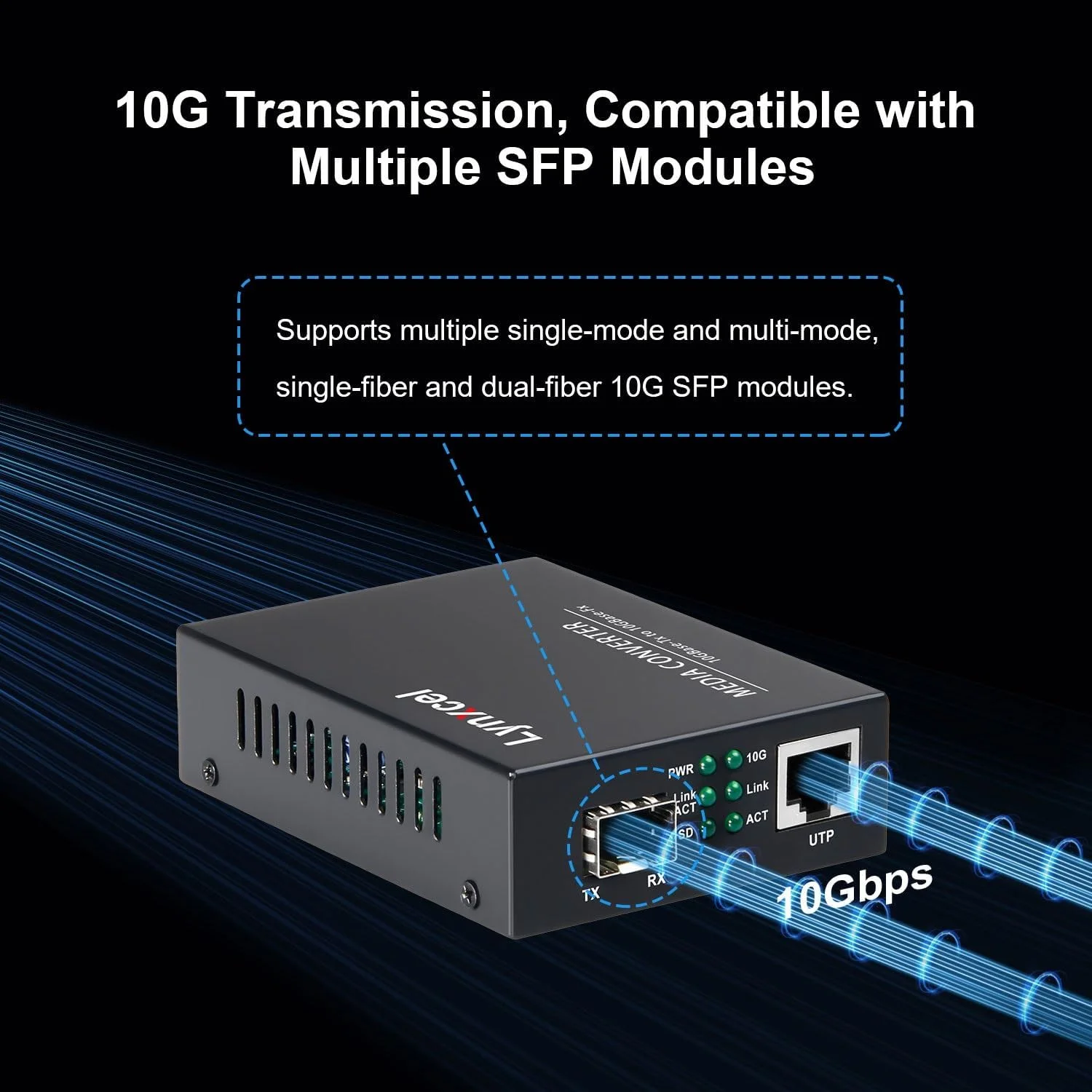 مبدل رسانه فیبر نوری 10G، مبدل رسانه 10 گیگابیتی SFP به 10G اترنت مسی UTP، غیر مدیریتی 1x 10G/5G/2.5G/1G/100M RJ45 به اسلات 10GBase-X SFP+، پشتیبانی از ماژول 10G SR/LR SFP+