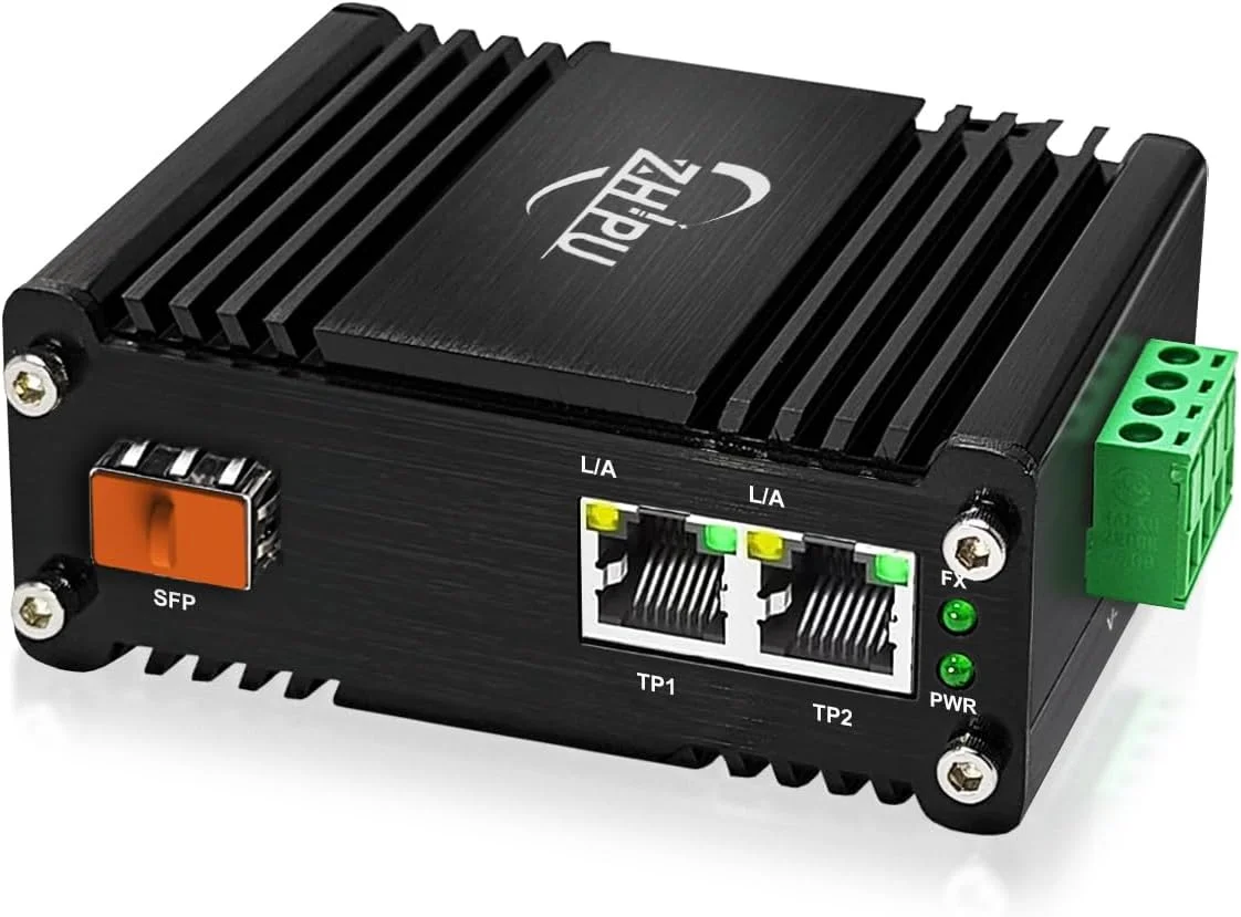 مبدل رسانه گیگابیتی صنعتی Htfoevrxs، 2x10/100/1000TRJ45 + پورت فیبر 100/1000X SFP، ورودی 12-48VDC، محیط های سخت -40 درجه سانتیگراد تا 75 درجه سانتیگراد، ساخته شده برای اتوماسیون صنعتی و شبکه های فضای باز