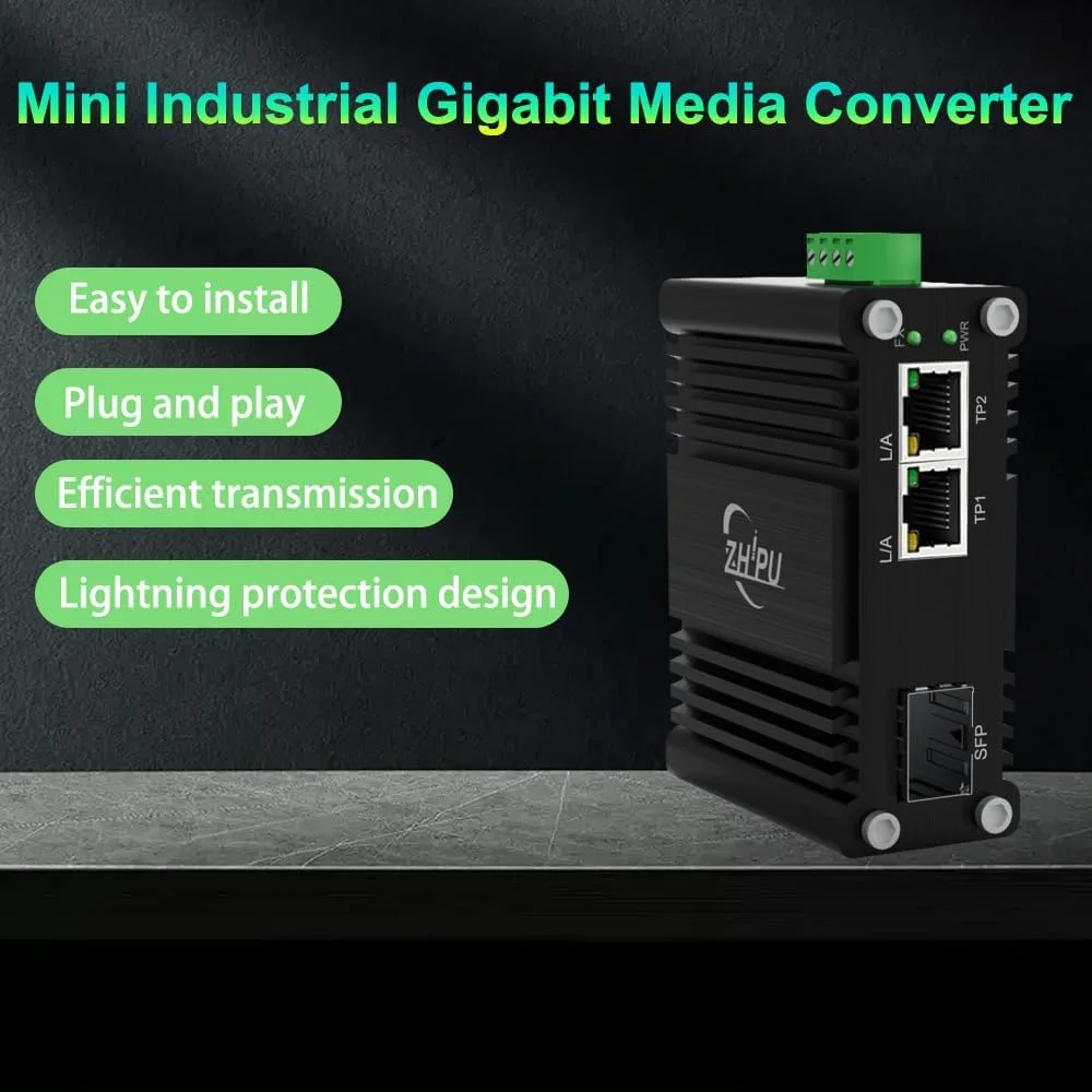 مبدل رسانه گیگابیتی صنعتی Htfoevrxs، 2x10/100/1000TRJ45 + پورت فیبر 100/1000X SFP، ورودی 12-48VDC، محیط های سخت -40 درجه سانتیگراد تا 75 درجه سانتیگراد، ساخته شده برای اتوماسیون صنعتی و شبکه های فضای باز