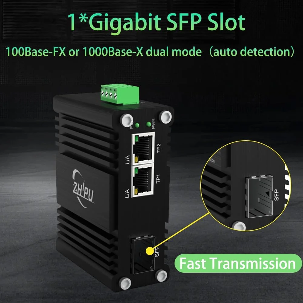 مبدل رسانه گیگابیتی صنعتی Htfoevrxs، 2x10/100/1000TRJ45 + پورت فیبر 100/1000X SFP، ورودی 12-48VDC، محیط های سخت -40 درجه سانتیگراد تا 75 درجه سانتیگراد، ساخته شده برای اتوماسیون صنعتی و شبکه های فضای باز