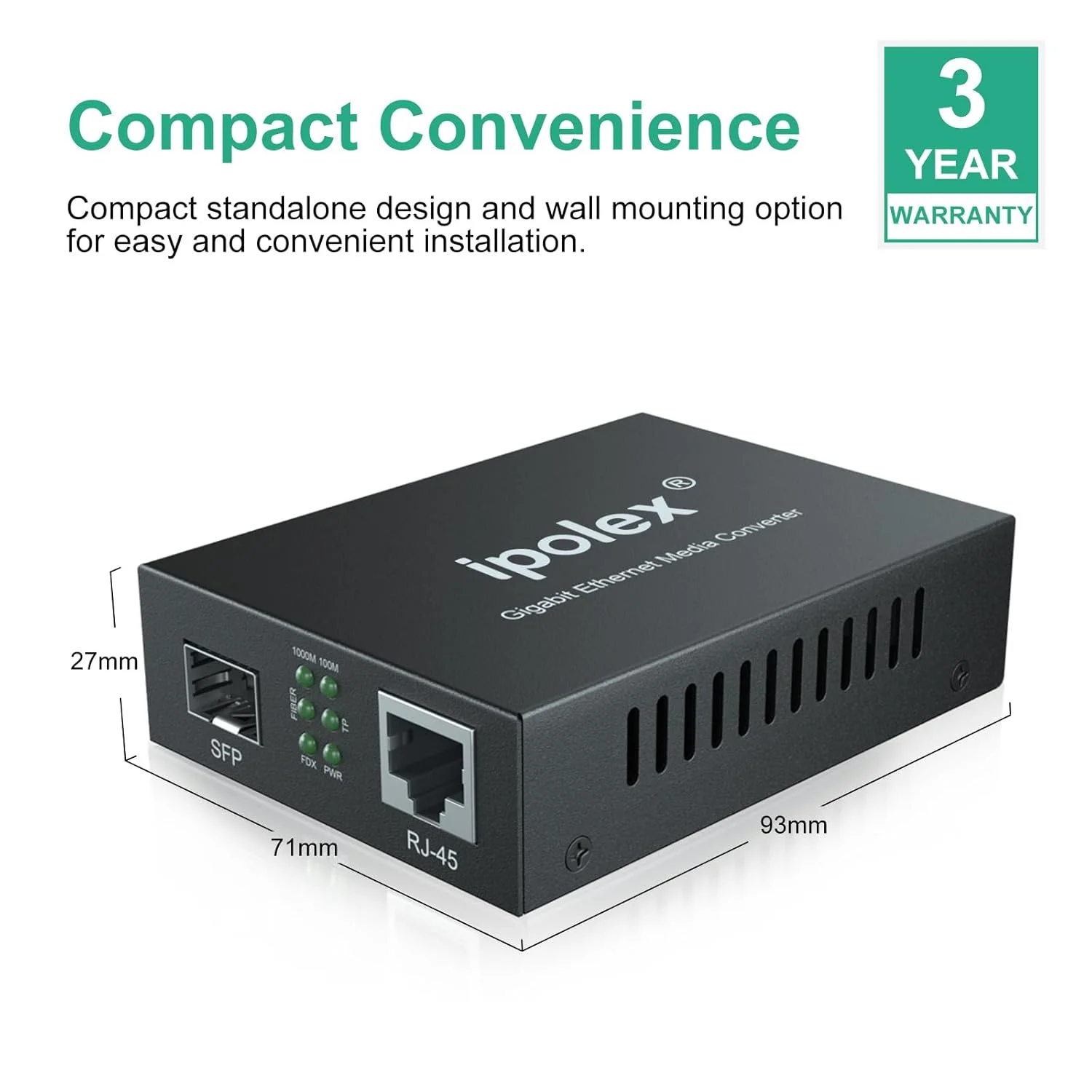 مبدل فیبر به اترنت ipolex 1.25G گیگابیتی اترنت SFP به RJ45، درگاه RJ45 10/100/1000M به درگاه SFP 1000M، مبدل فیبر به اترنت، پشتیبانی از ماژول فرستنده و گیرنده SFP LC 1000BASE-SX/LX