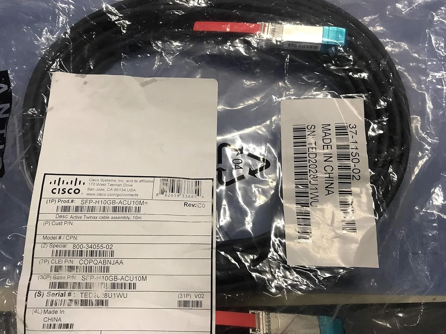 کابل شبکه سیسکو Twinax مدل Sfp-h10gb-acu10m= - Twinaxial - طول 10 متر - Sfp+ (بازسازی شده)