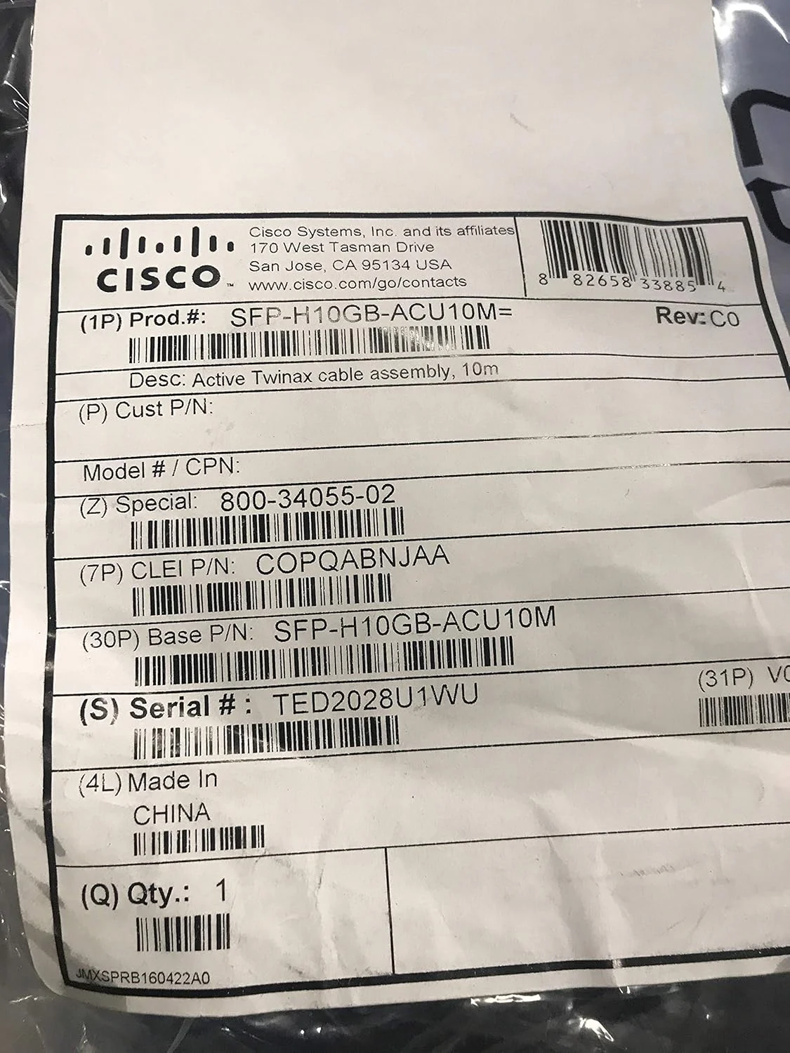 کابل شبکه سیسکو Twinax مدل Sfp-h10gb-acu10m= - Twinaxial - طول 10 متر - Sfp+ (بازسازی شده)