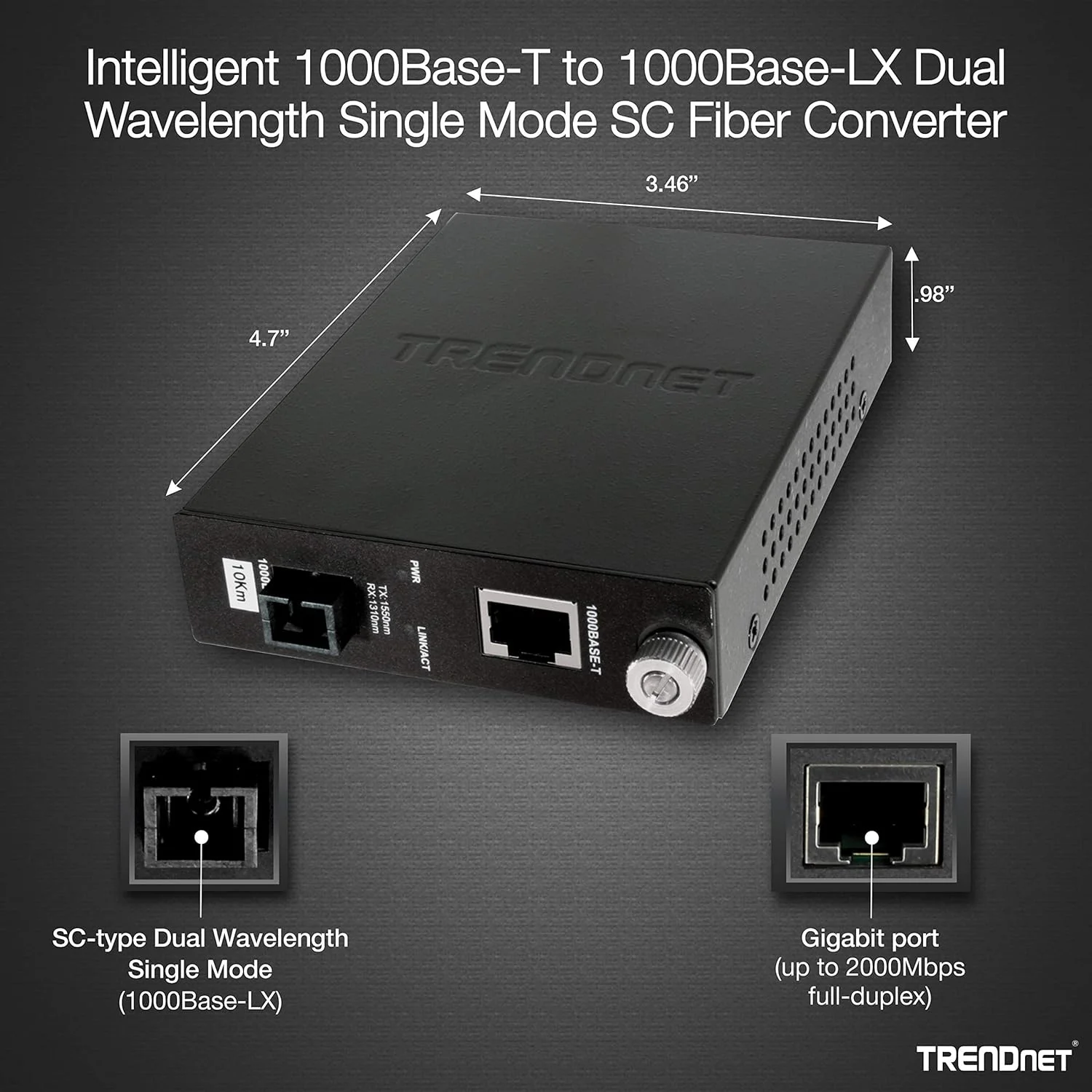 مبدل رسانه فیبر نوری هوشمند TRENDnet 1000Base-T به 1000Base-LX تک حالته دو طول موج SC (10 کیلومتر) مبدل فیبر به اترنت، پورت فیبر، RJ-45، TFC-1000S10D5