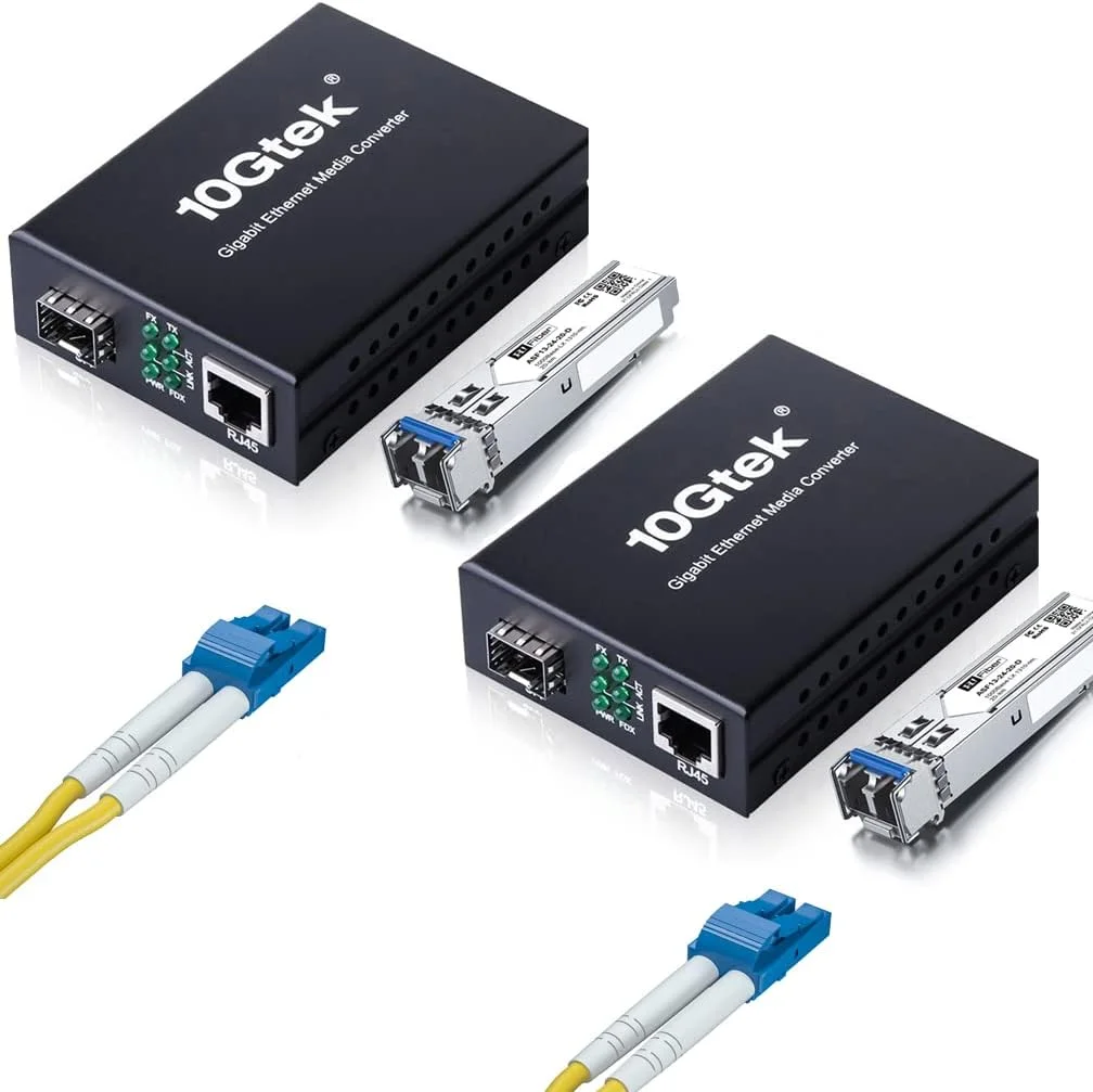 یک جفت مبدل رسانه گیگابیتی تک حالته با کابل فیبر نوری 10 متری OS2 LC به LC، 2 عدد مبدل فیبر به اترنت، 2 عدد ماژول SFP LX، 1000Base-LX به 10/100/1000M RJ45، SMF، 1310 نانومتر، تا 20 کیلومتر