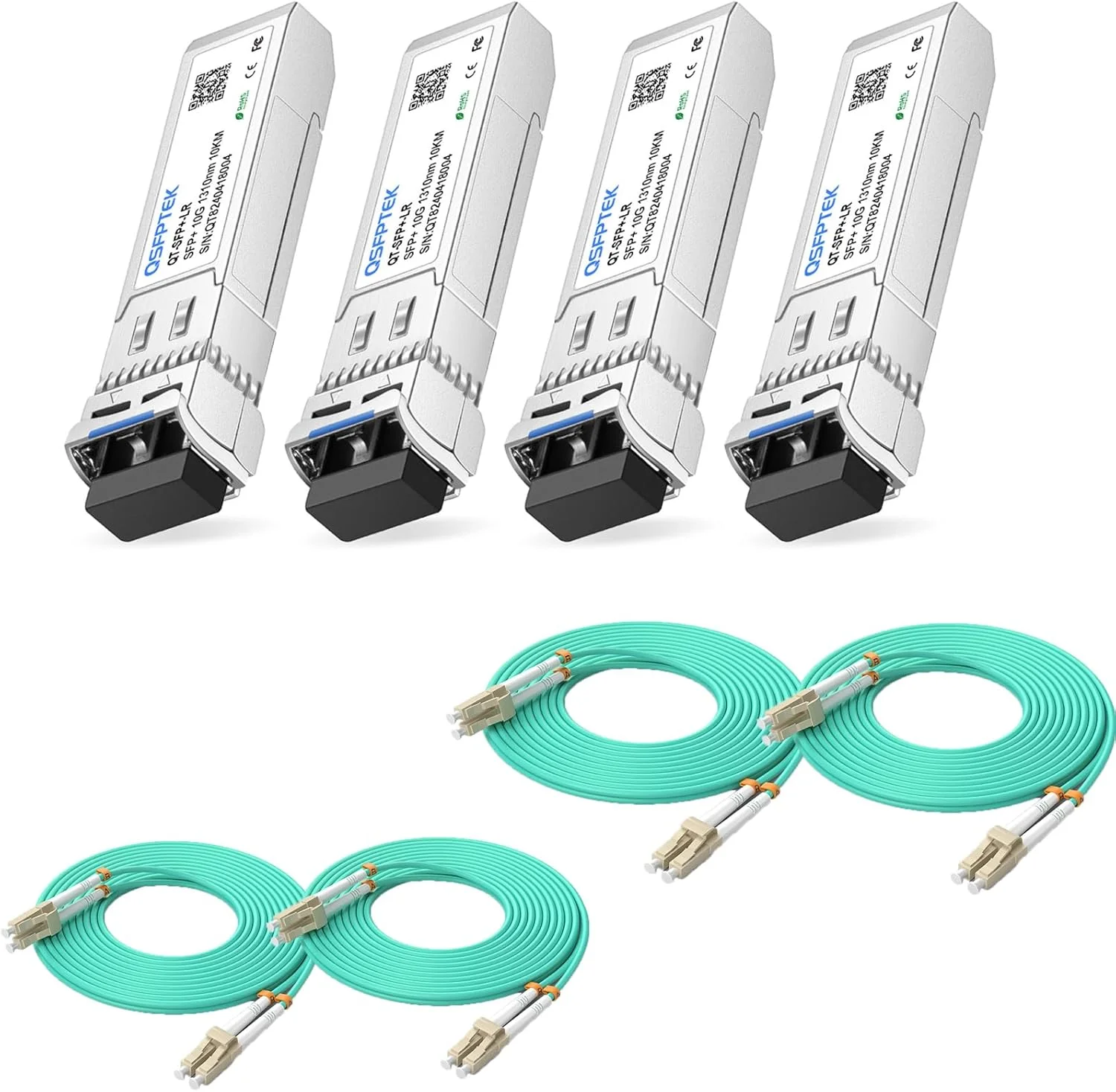 بسته چهارتایی فرستنده-گیرنده 10GBASE-LR، ماژول پچ 10G SFP+ به همراه کابل پچ فیبر OM3 LC به LC، کابل فیبر نوری چند حالته 10 گیگابیتی دوبلکس LC-LC 50/125um