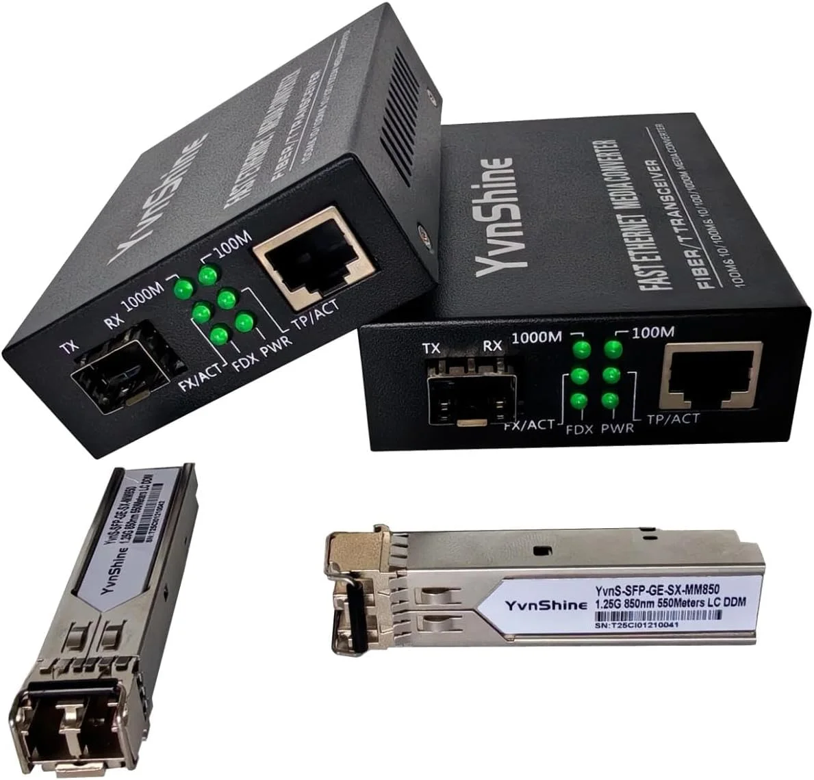 مبدل رسانه اترنت فیبر نوری، گیگابیتی SFP به RJ45 شامل 2 عدد فرستنده و گیرنده چند حالته 1.25G SFP، فیبر به اترنت با ماژول 1000BASE-SX SFP به LC (MMF، 850 نانومتر، تا 550 متر)