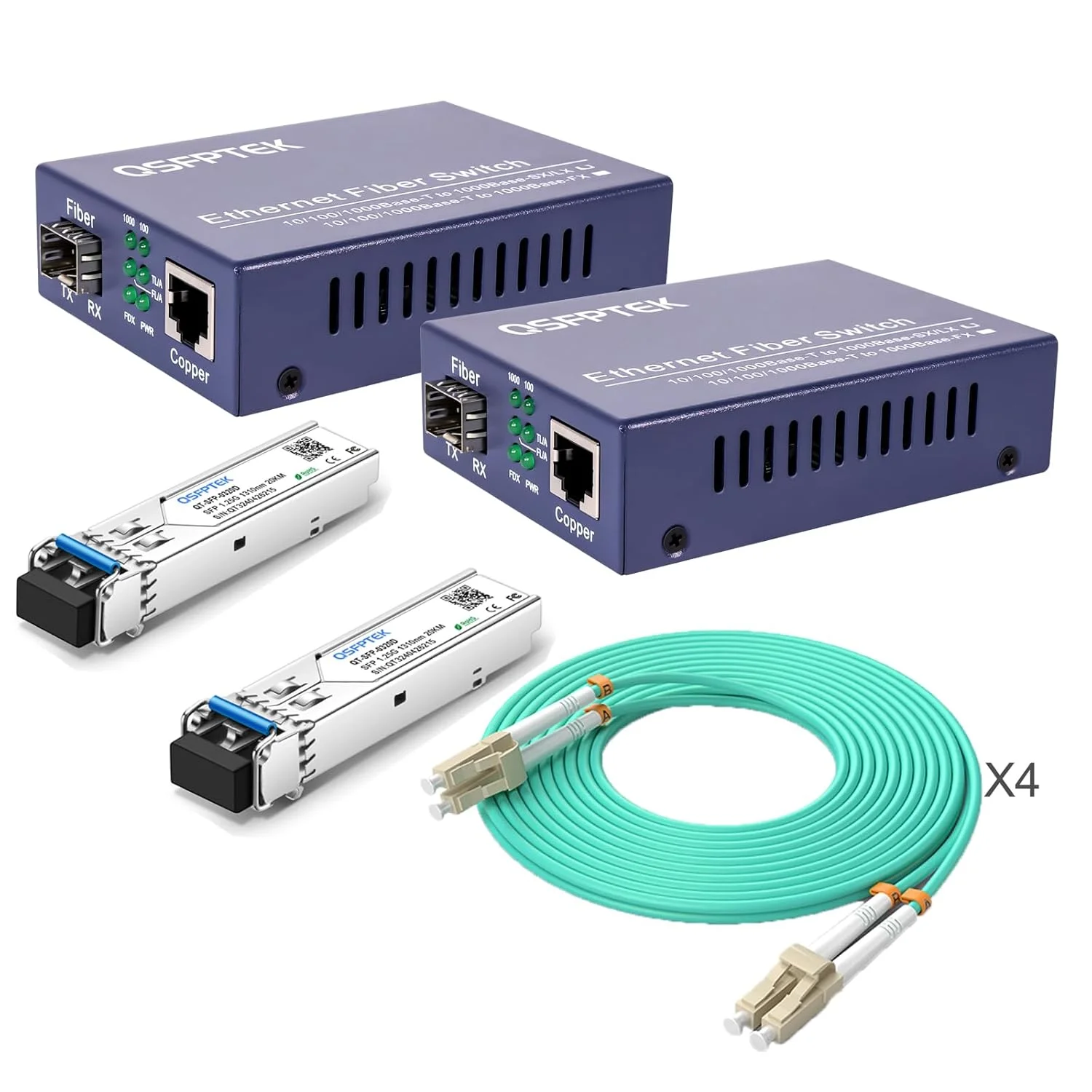 یک جفت مبدل رسانه اترنت گیگابیتی، مبدل رسانه اترنت به فیبر شبکه های 10/100/1000 مگابیت بر ثانیه، به همراه 2 عدد ماژول SFP 1000Base-LX و 4 عدد کابل پچ فیبر OM3 LC به LC