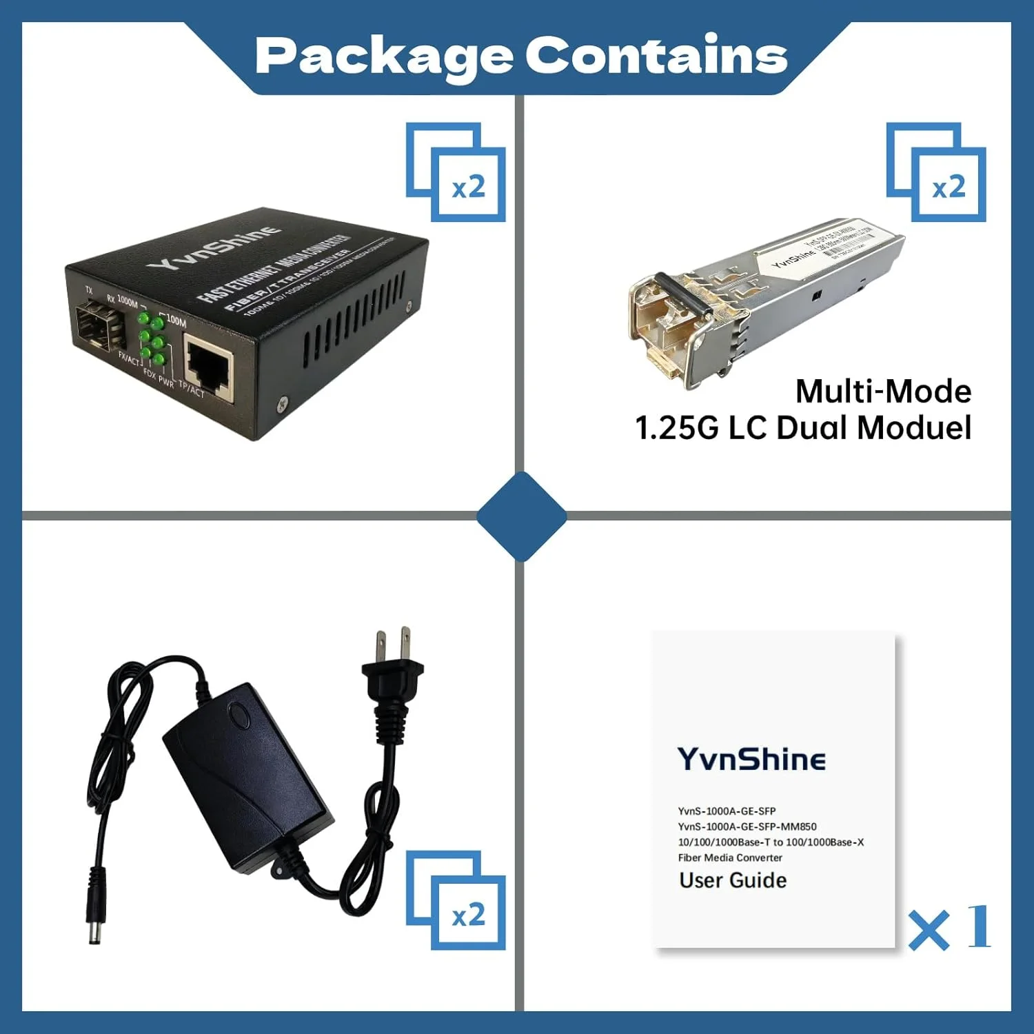 مبدل رسانه اترنت فیبر نوری، گیگابیتی SFP به RJ45 شامل 2 عدد فرستنده و گیرنده چند حالته 1.25G SFP، فیبر به اترنت با ماژول 1000BASE-SX SFP به LC (MMF، 850 نانومتر، تا 550 متر)