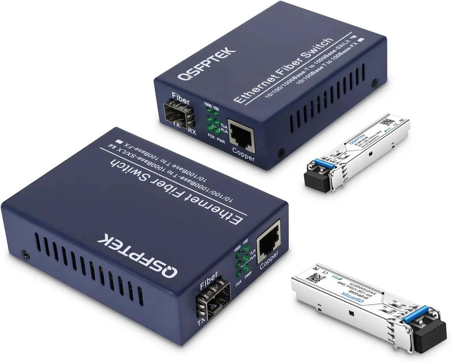 یک جفت مبدل رسانه اترنت گیگابیتی، مبدل رسانه اترنت به فیبر شبکه های 10/100/1000 مگابیت بر ثانیه، به همراه 2 عدد ماژول SFP 1000Base-LX (1.25 گیگابیت بر ثانیه، تک حالته، LC دوتایی، 1310 نانومتر، 20 کیلومتر)